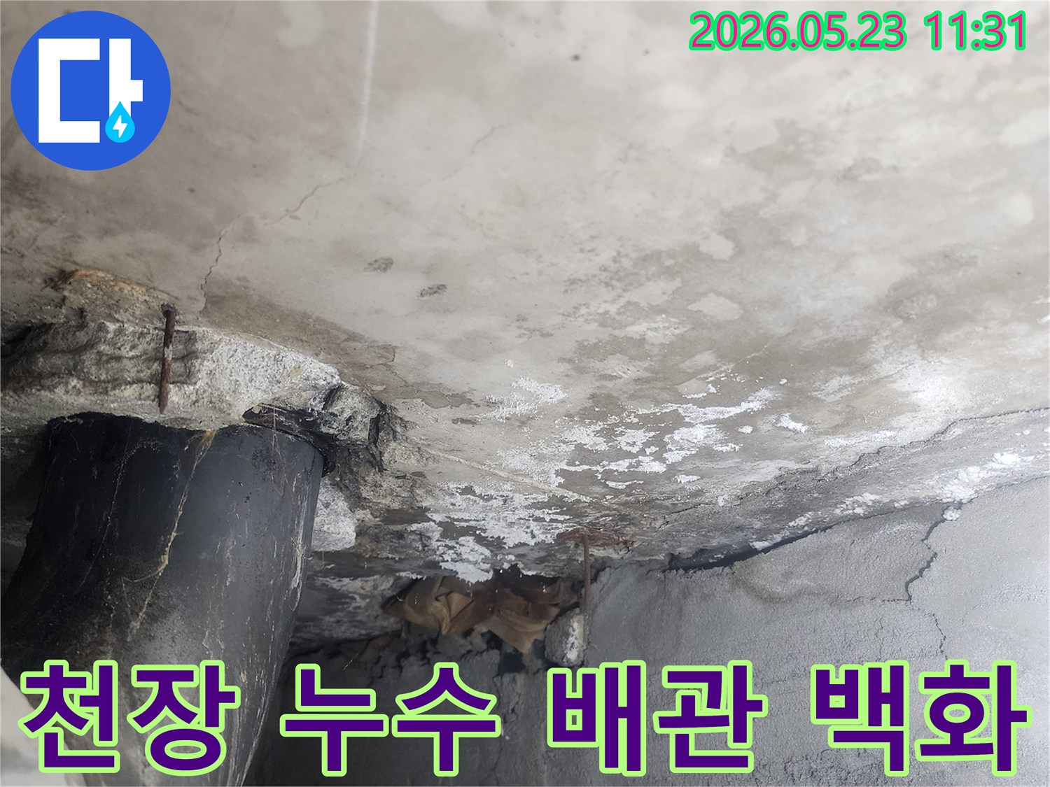 천장과 연결된-벽면의 배관 주변에서-발생한 누수로 인해-물기가 스며들고-백화현상이 나타난-현장으로-정밀 진단이 필요한-상황을 보여주는 사진