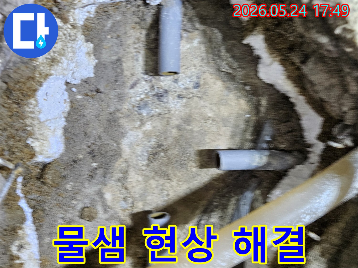 배관 손상으로 인한 물샘 현상을 해결하기 위해-굴착된 현장과 손상된 배관이 보입니다