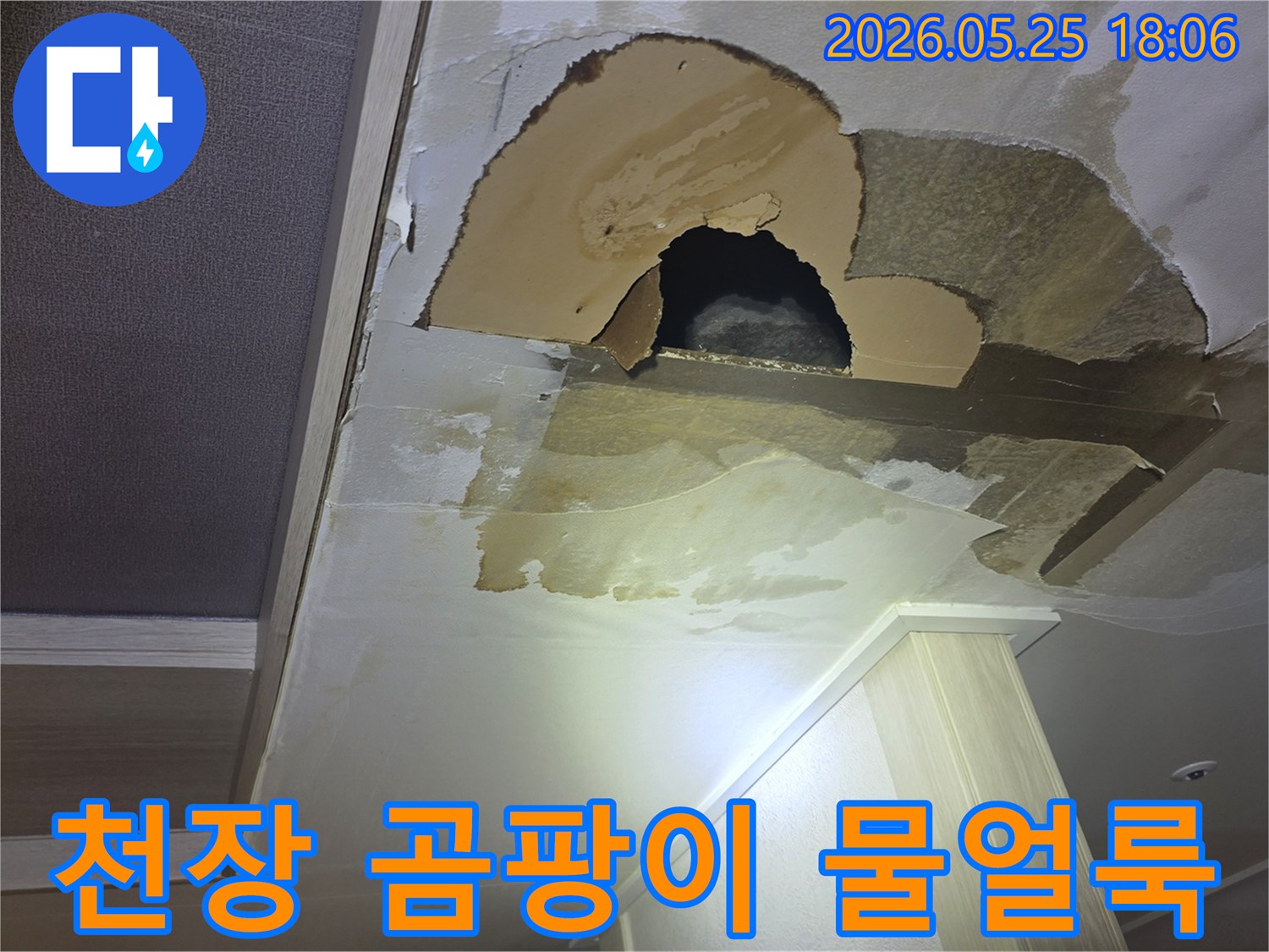 아파트 천장에서 물이 새어-벽지가 젖고-곰팡이가 생기며-구멍까지 뚫린-심각한 누수 현장입니다.