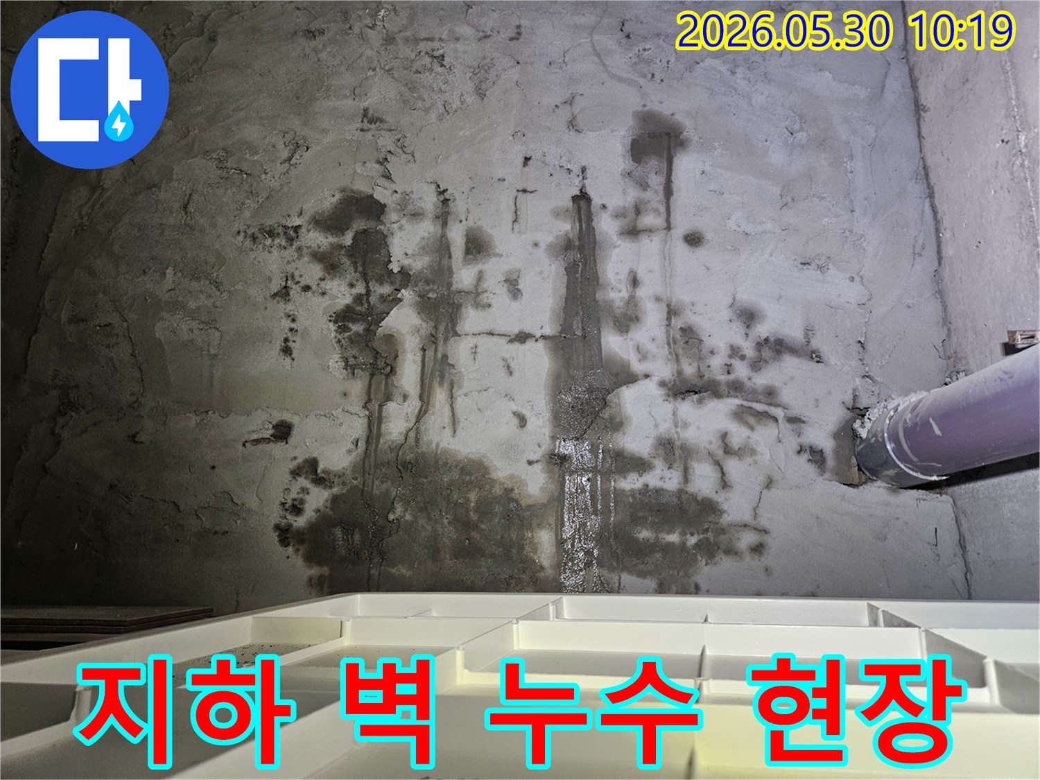 지하 벽면에서 발생한-심각한 누수 흔적과-곰팡이-오염을 보여주는 사진