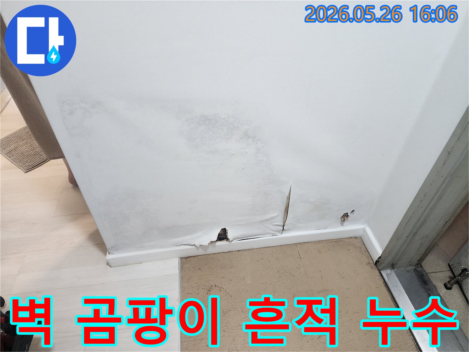 벽지-하단이-젖어-찢어지고-곰팡이가-번진-누수-발생-벽면