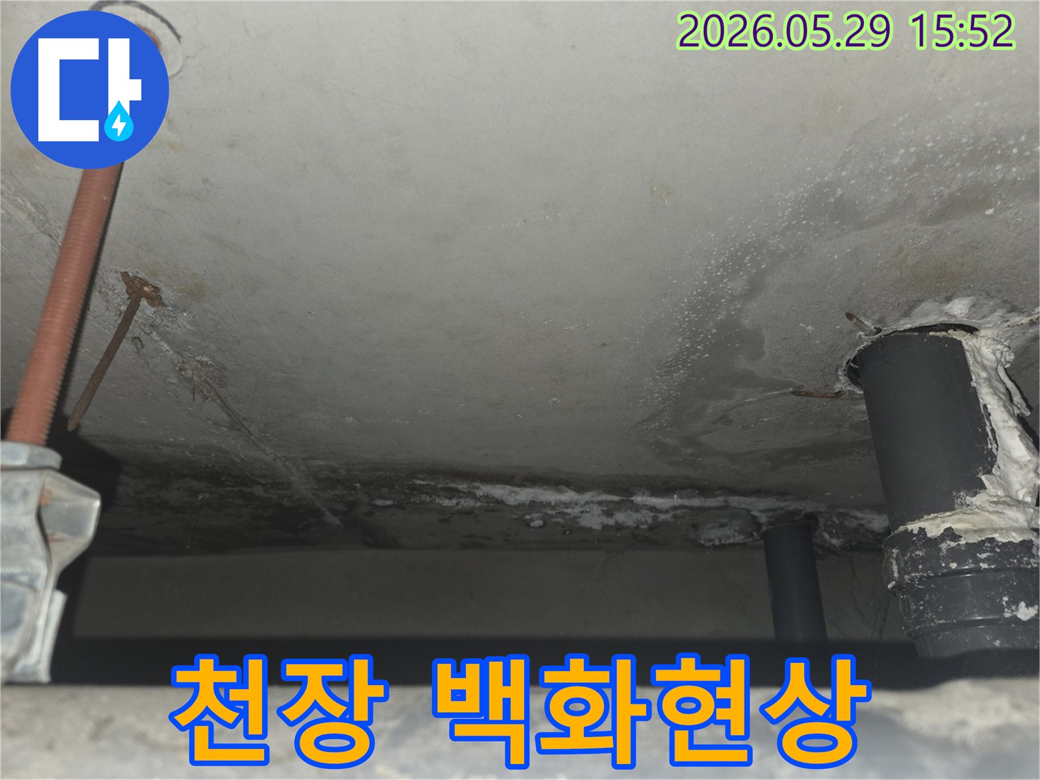 천장에 물이 새어 발생한 백화현상과-주변으로 번진 물자국이 선명한 누수 현장 이미지