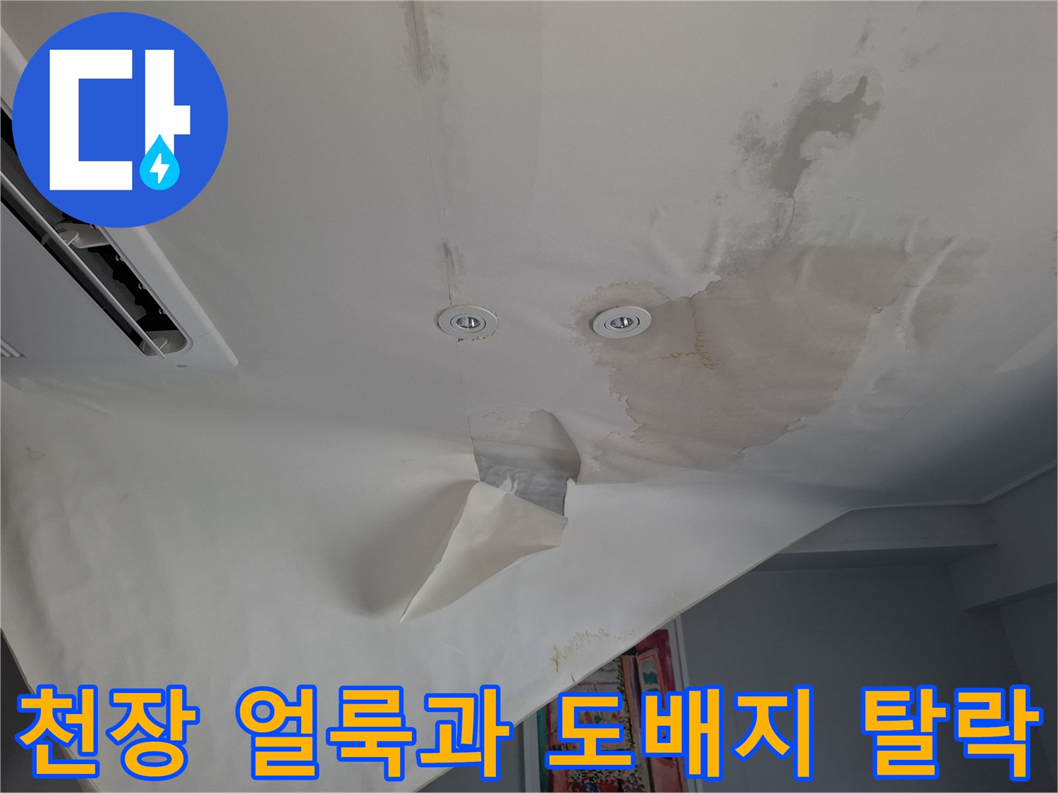 물기에 젖어 변색된 천장 도명재와 떨어진 도배지 부위
