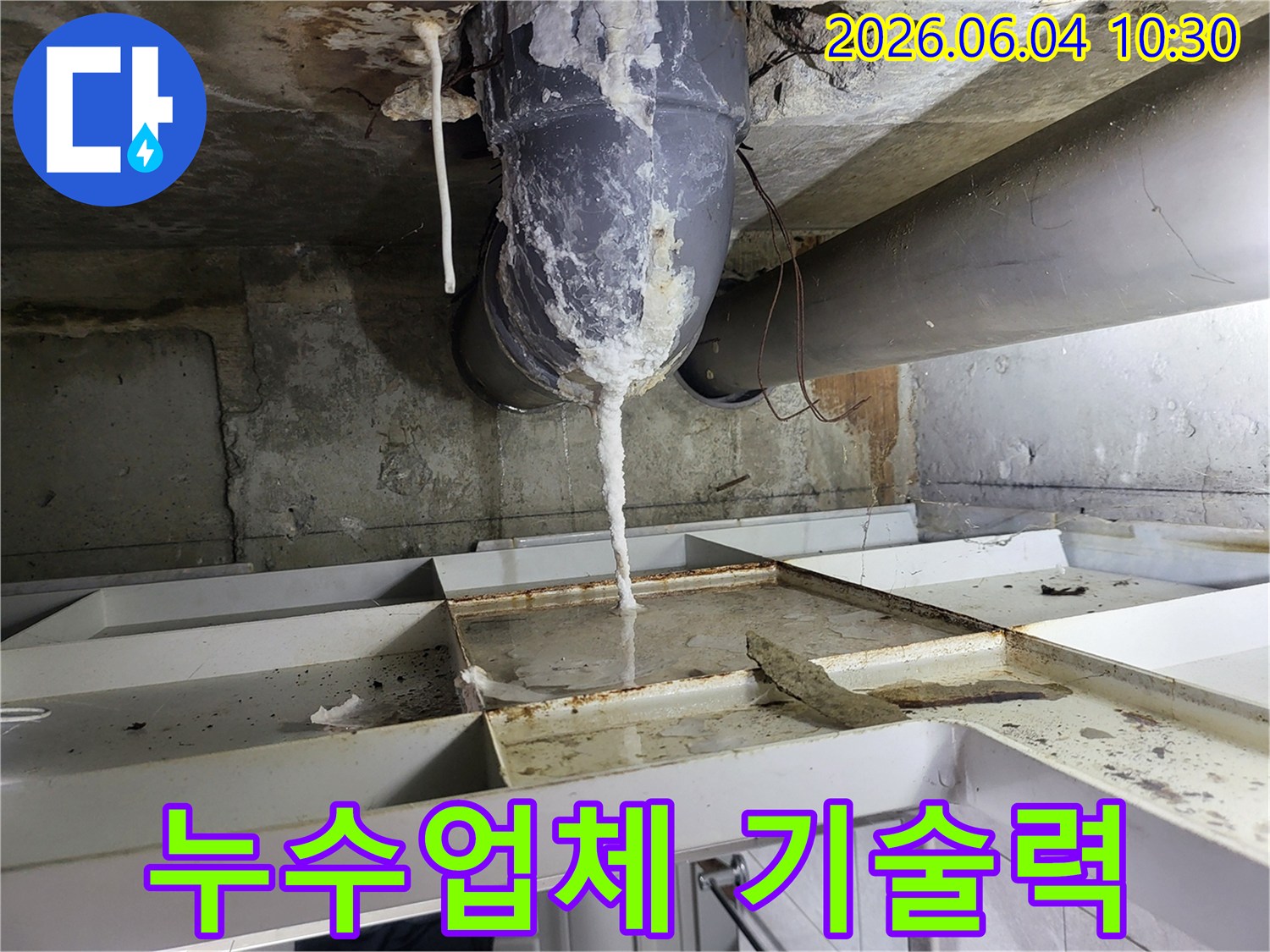 천장 배관에서 물이 새어 나와-석회질이 고드름처럼 맺히고-아래 바닥에 물이 고인 누수 현장