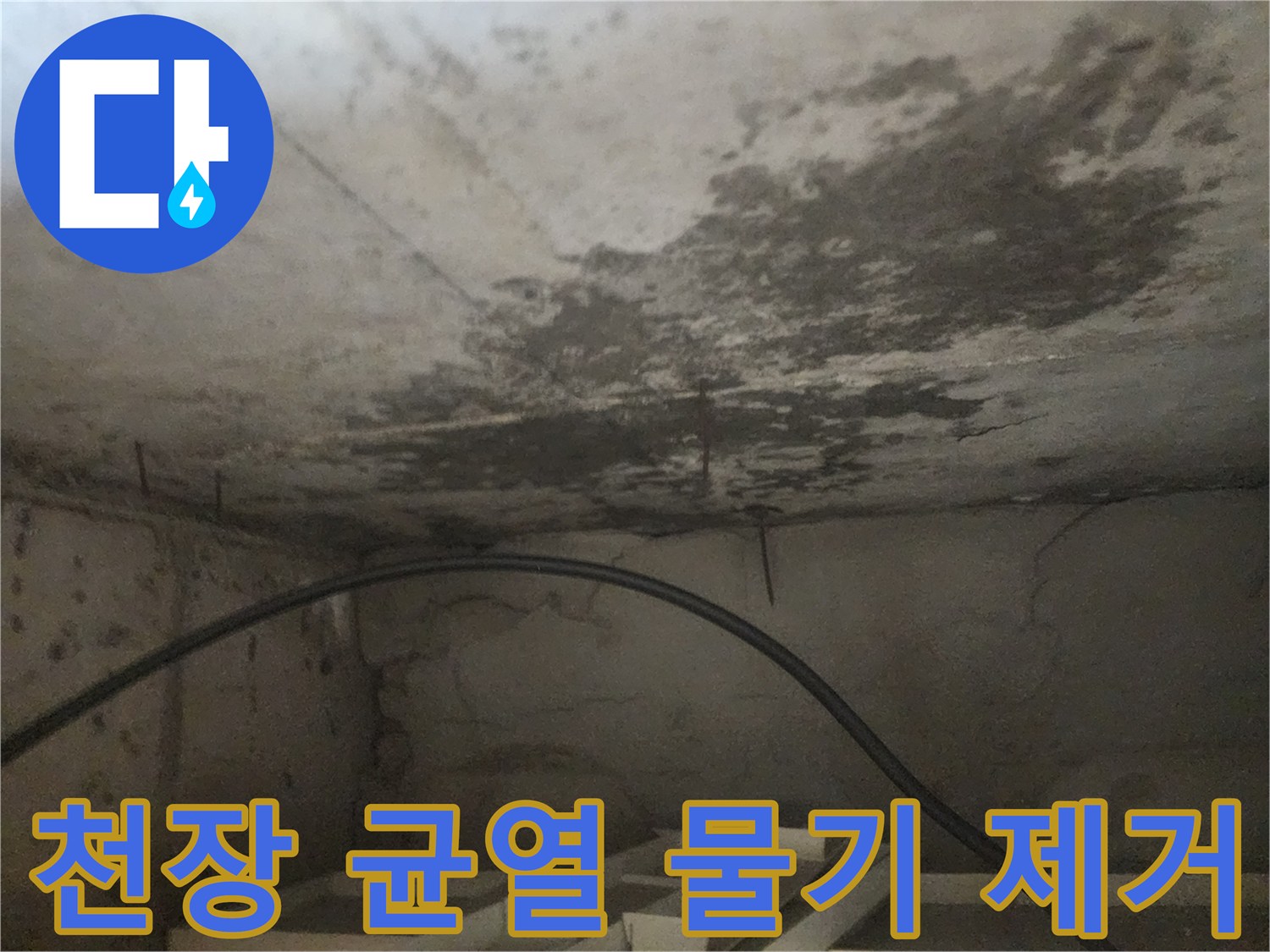 아래층 화장실 천장에 생긴-균열과 함께 물기가 보이는-누수 현장 사진입니다.