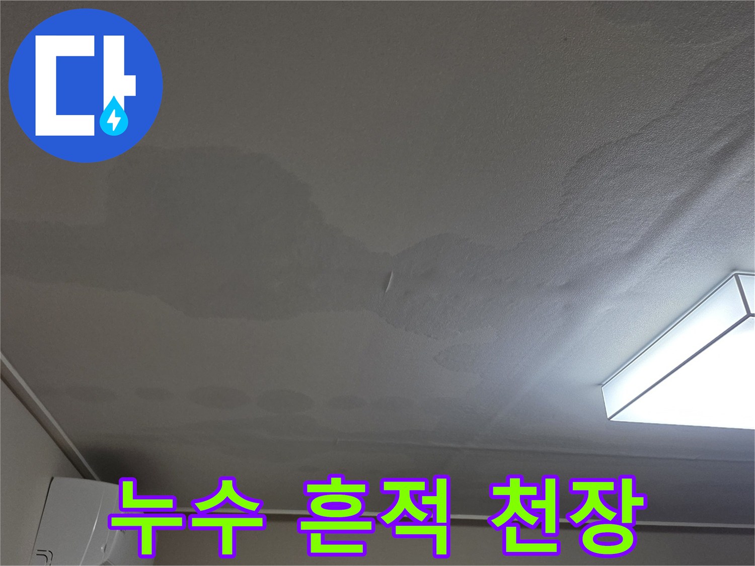 광범위하게 퍼진 천장 누수 얼룩과 젖은 벽지 상태