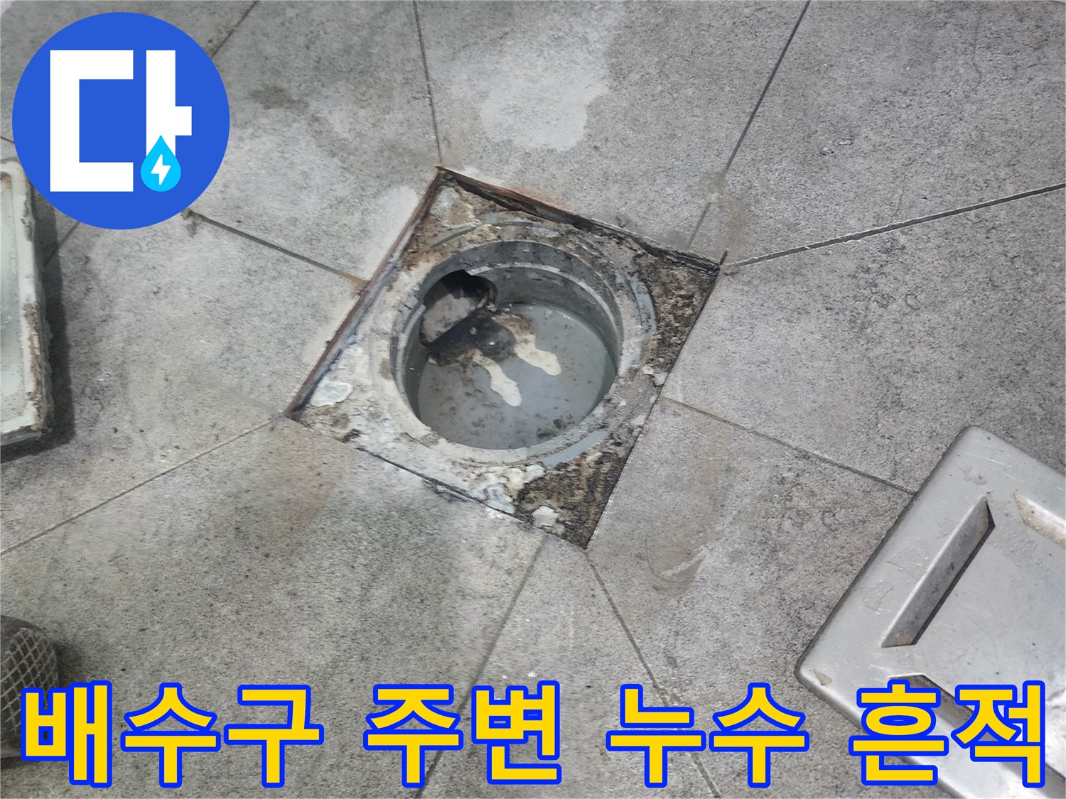 누수로 인해-변색된-배수구 주변-타일과-오염된-모습을-담은-현장 사진