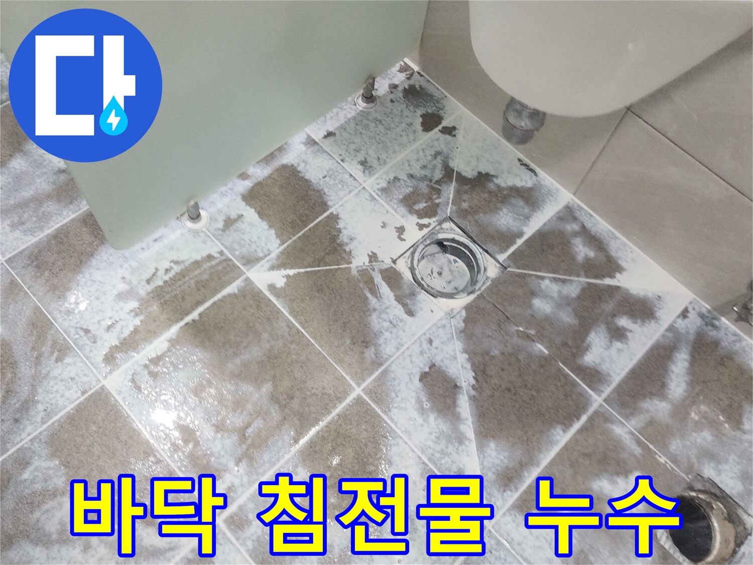 중산동 아파트-욕실 바닥 타일 위에-하얗게 쌓인 침전물이 보이는-누수 현장 분석 사진