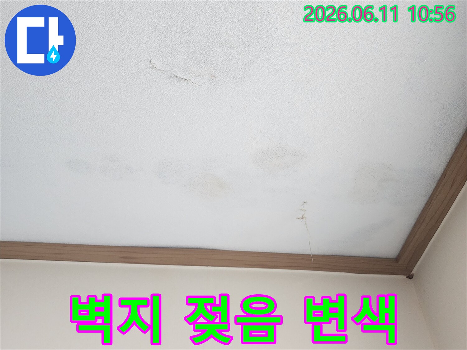 벽지가 물에 젖어-색이 변하고 얼룩진-누수 현장의 모습입니다