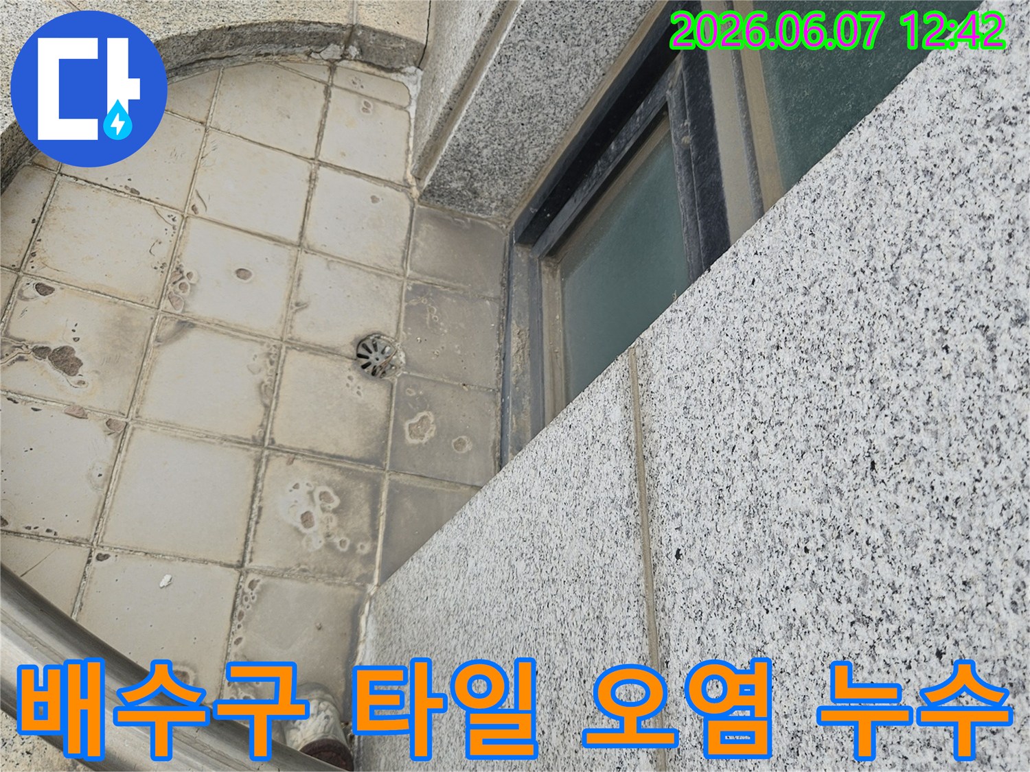고양시-일산동구-누수-전문가가-배수구-주변-타일의-심각한-오염과-누수-가능성을-확인하는-모습