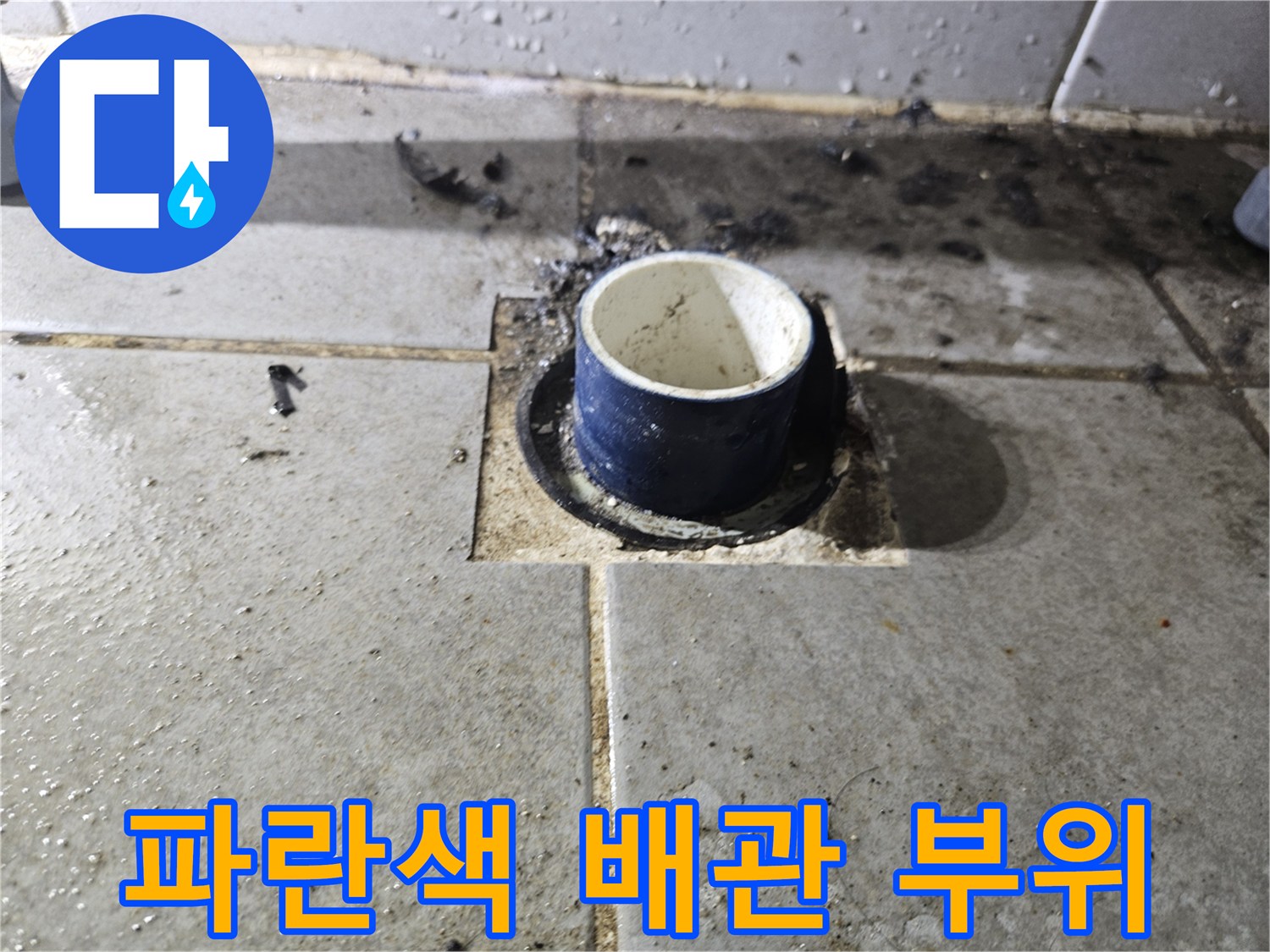 타일 사이로 노출된 파란색 급수 배관 연결부