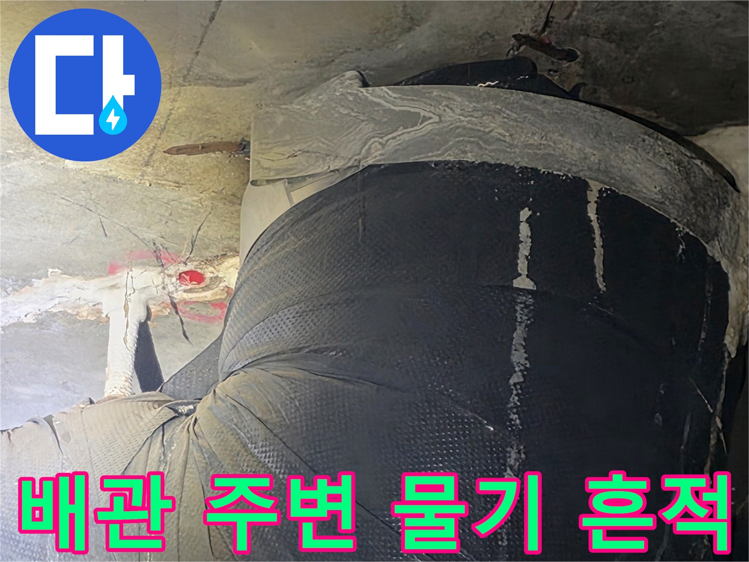 천장 내부 배관 연결부 주위의 젖은 콘크리트 상태