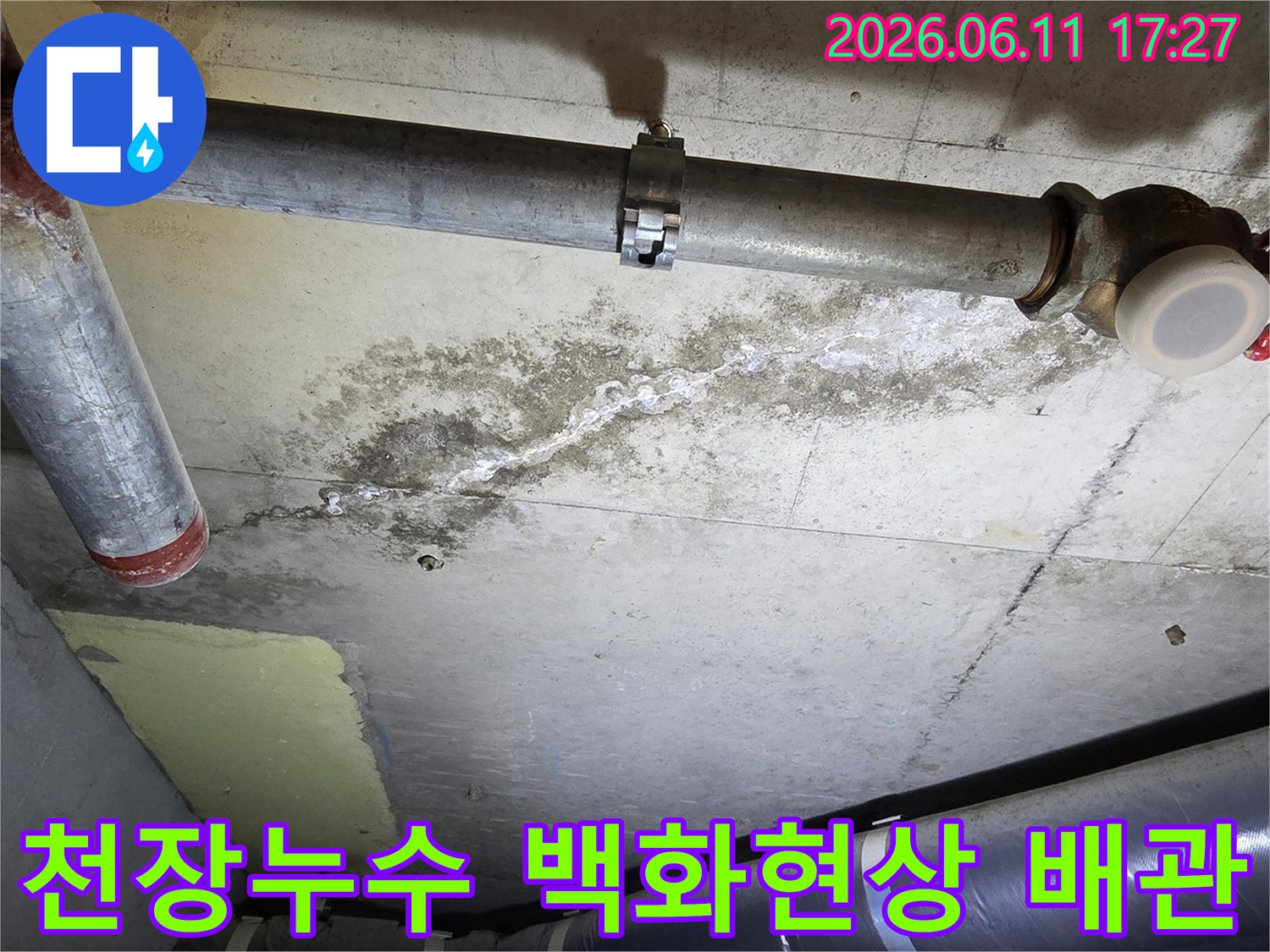 천장에서-발견된-누수로-인한-백화현상과-배관-상태를-보여주는-사진입니다
