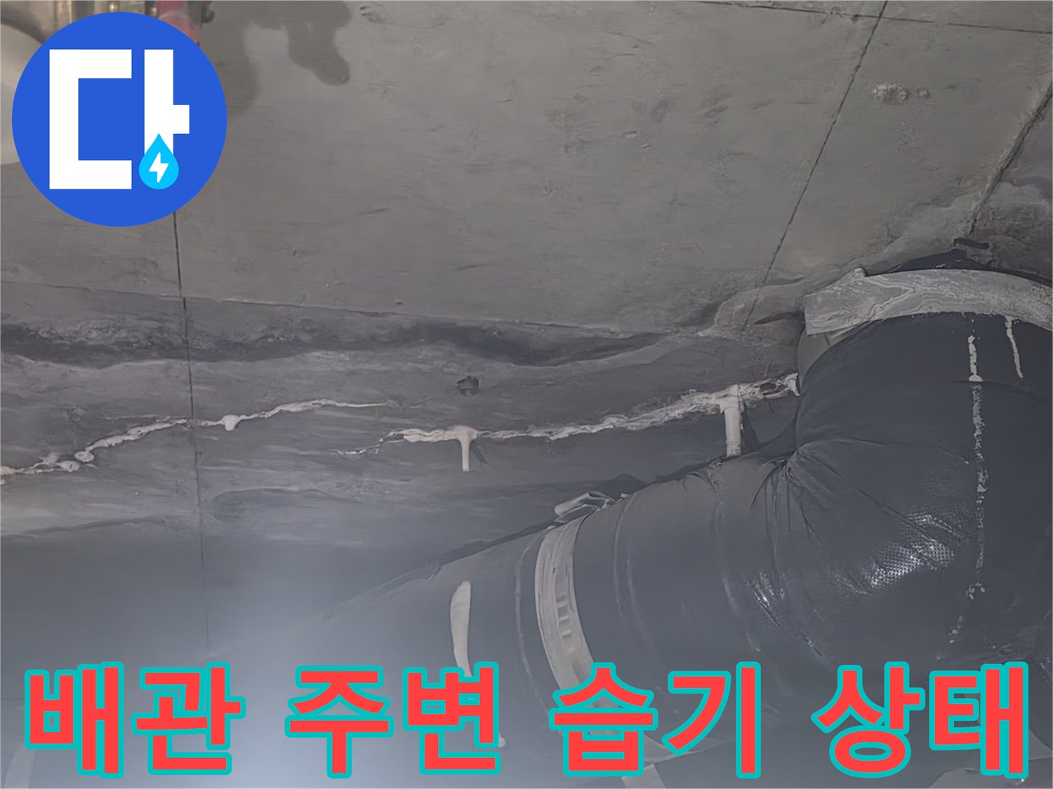 화장실 천장 내부-배관 연결부 주변의 젖은 콘크리트