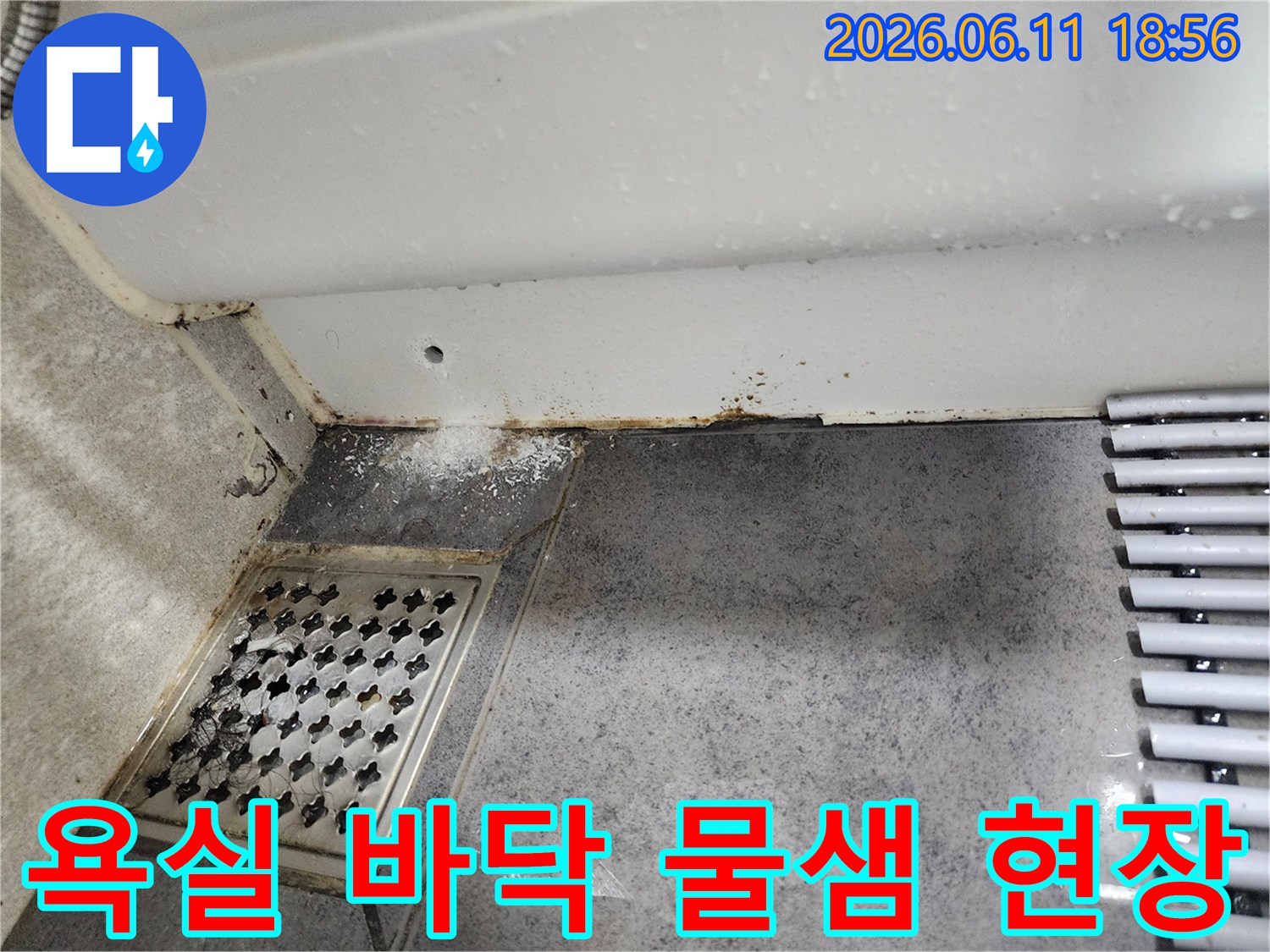 이 이미지는-동대문구 쌍용아파트 욕실 바닥에서-발견된 물샘 현상을-보여주며-배수구와 벽면 경계의-오염이 심각합니다