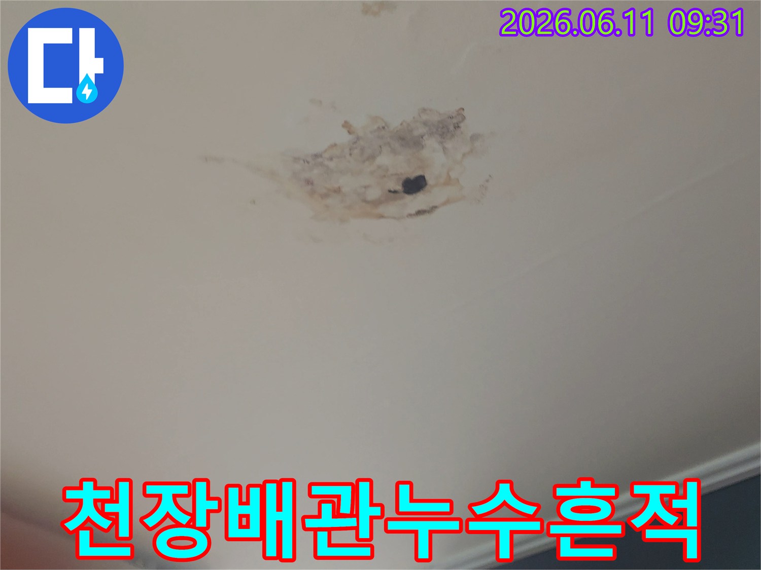 천장-중앙에-배관-누수로-인해-생긴-젖은-얼룩과-손상된-부분을-보여주는-사진