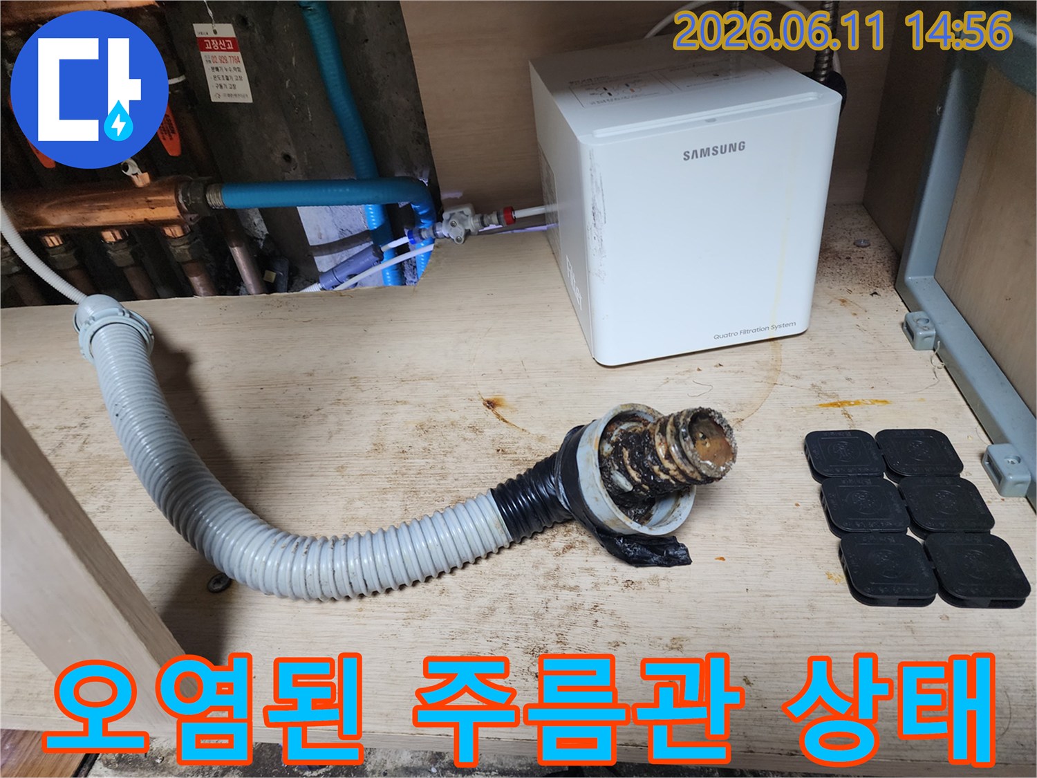 구리 인창동 현장의-오염된 싱크대 주름관과 배관 연결 부위 모습