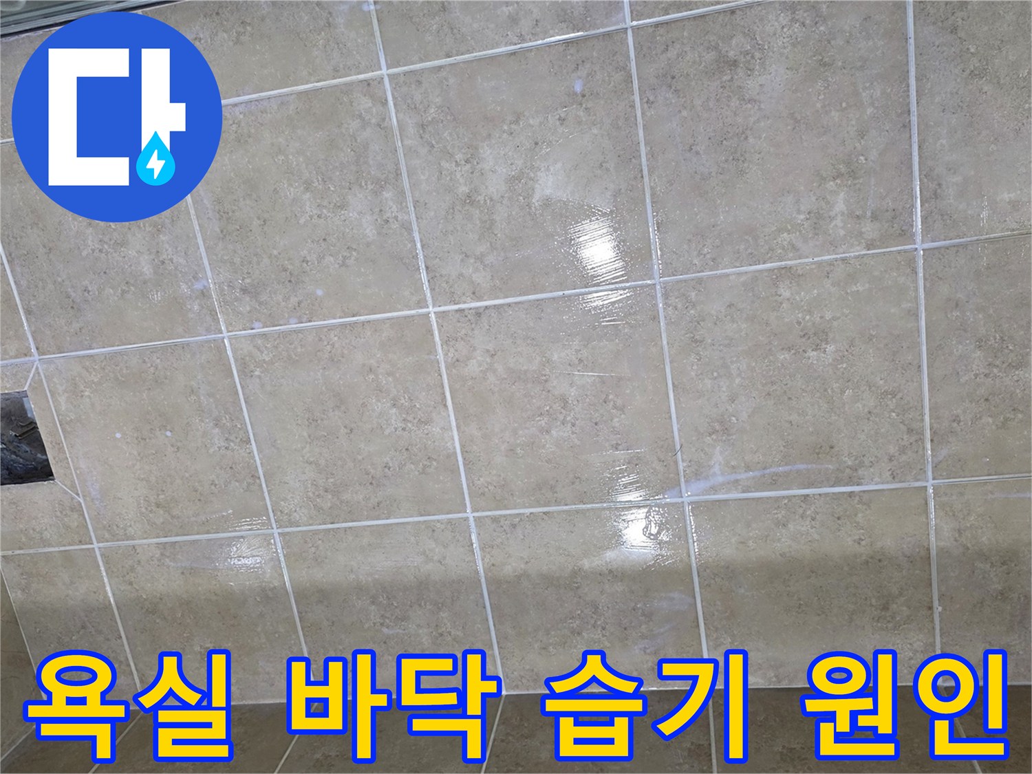 욕실 바닥에 넓게 퍼진 습기는 누수가 진행되고 있음을 시사하며-전문적인 탐지가 필요한 상황입니다