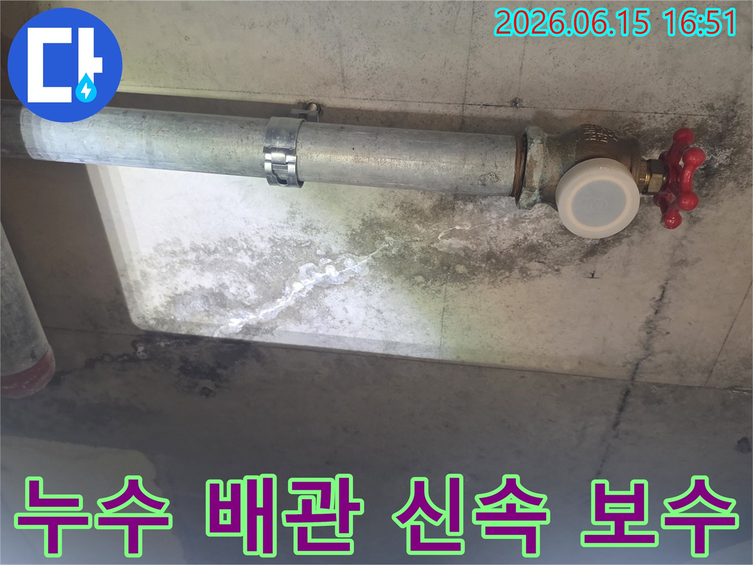 이 사진은 낡은 배관에서 물이 새어-천장 콘크리트에 스며들어-하얀 물 자국과-검은 곰팡이가 생긴 모습입니다