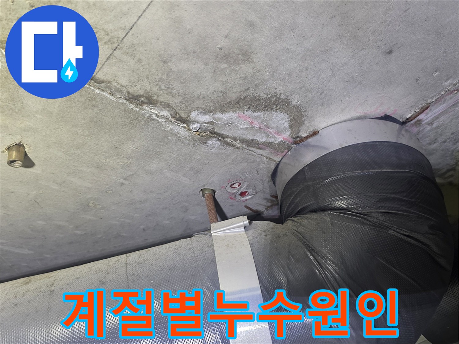 천장 콘크리트의-누수 흔적과-배관 주변의-습기 문제를-계절적 요인과-연관 지어-누수 원인을-분석하는 현장