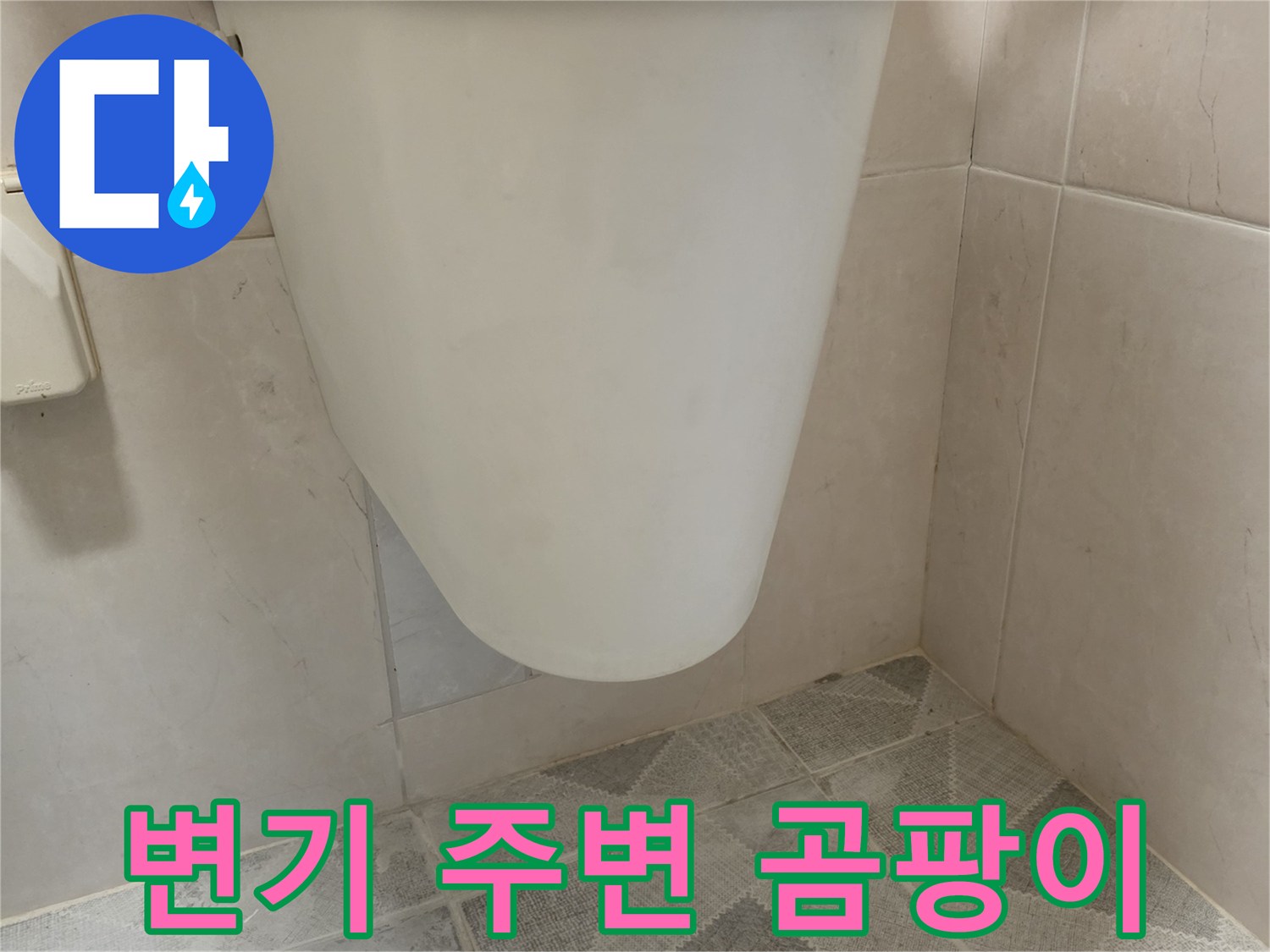 변기 하단부와 벽면 타일 경계에 발생한 곰팡이로-지속적인 습기와 누수를 암시합니다.