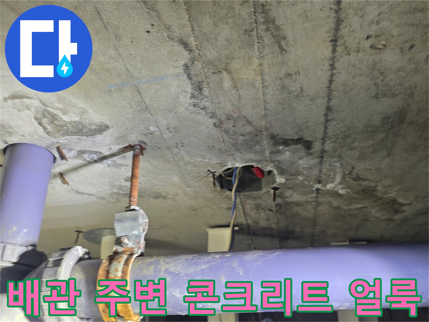 보라색 배관과 천장 슬래브의 누수 흔적 부위