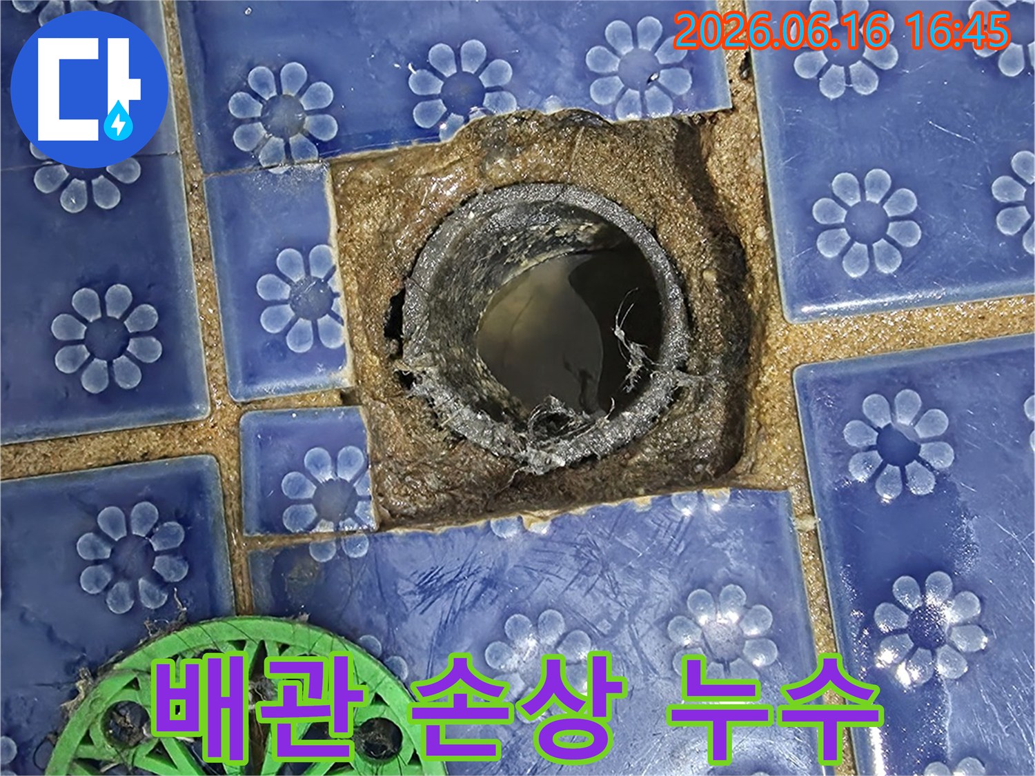 배수구-주변-콘크리트가-젖어있고-배관에-물이-차있는-누수-발생-지점