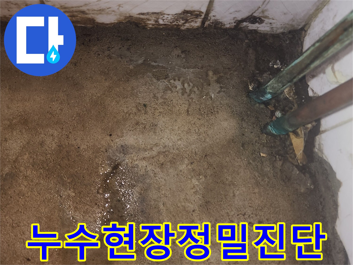 오래된-수도관에서-발견된-누수로-인해-주변이-젖어있는-상태를-촬영한-사진입니다.