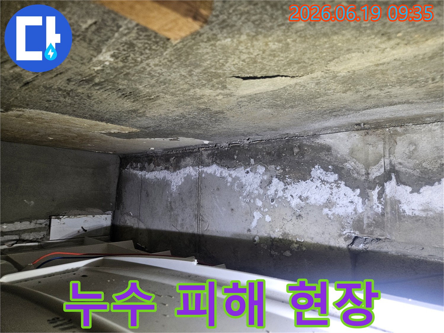 누수로 인해-콘크리트 벽면과-천장에 발생한-백화 현상과-균열을-정밀하게-촬영한 이미지입니다.