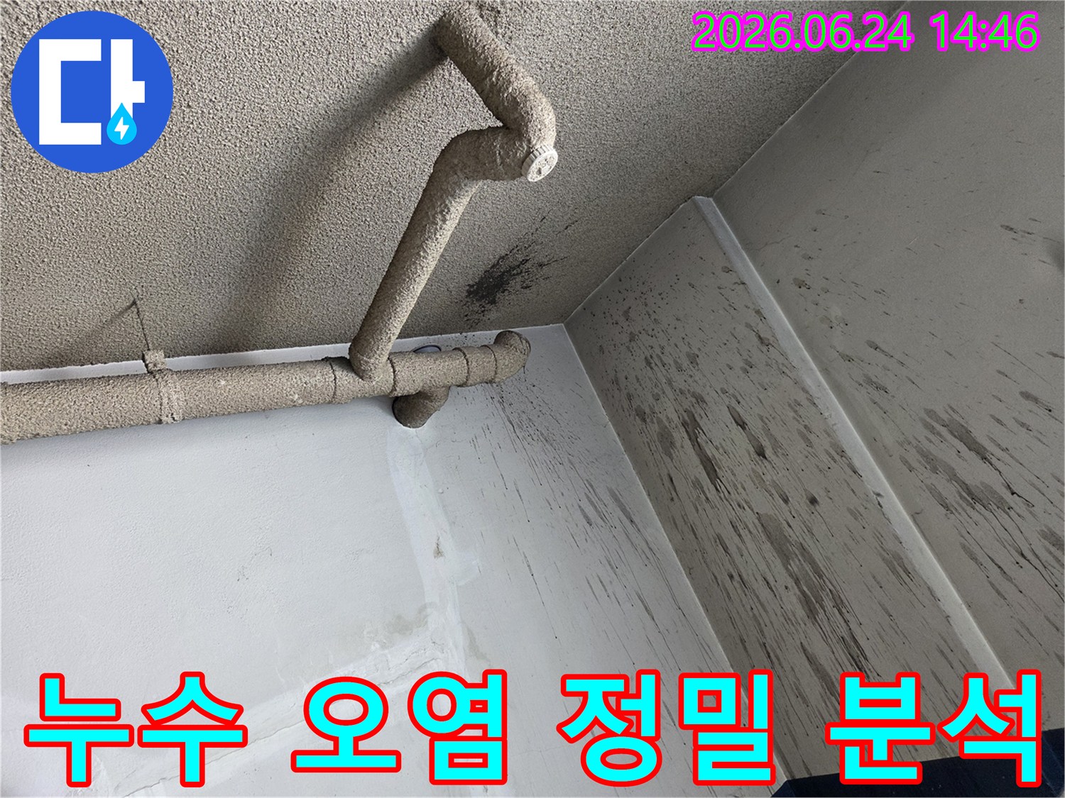 천장 배관에서 발생한 누수로-벽면에 물이 튀어-오염된 현장을 정밀 분석하는 모습입니다.