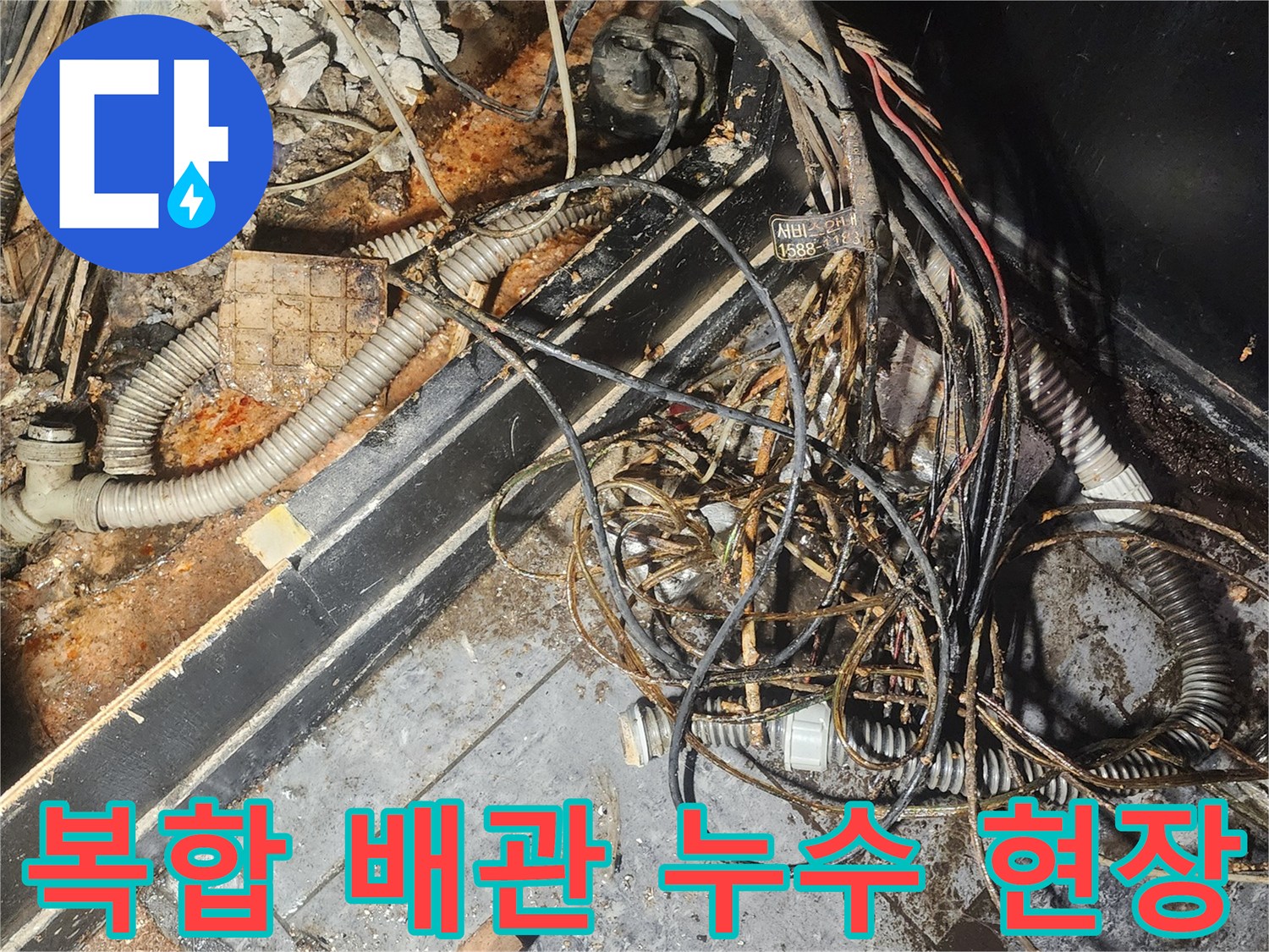 누수-엔지니어가-복잡하게-얽힌-배관과-전선-사이에서-누수-흔적을-찾아내기-위해-집중적으로-조사하고-있습니다