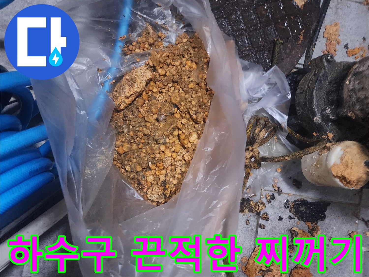 하수구에서 제거된-끈적한 찌꺼기와-이물질이 투명 봉투에 담겨있는 모습