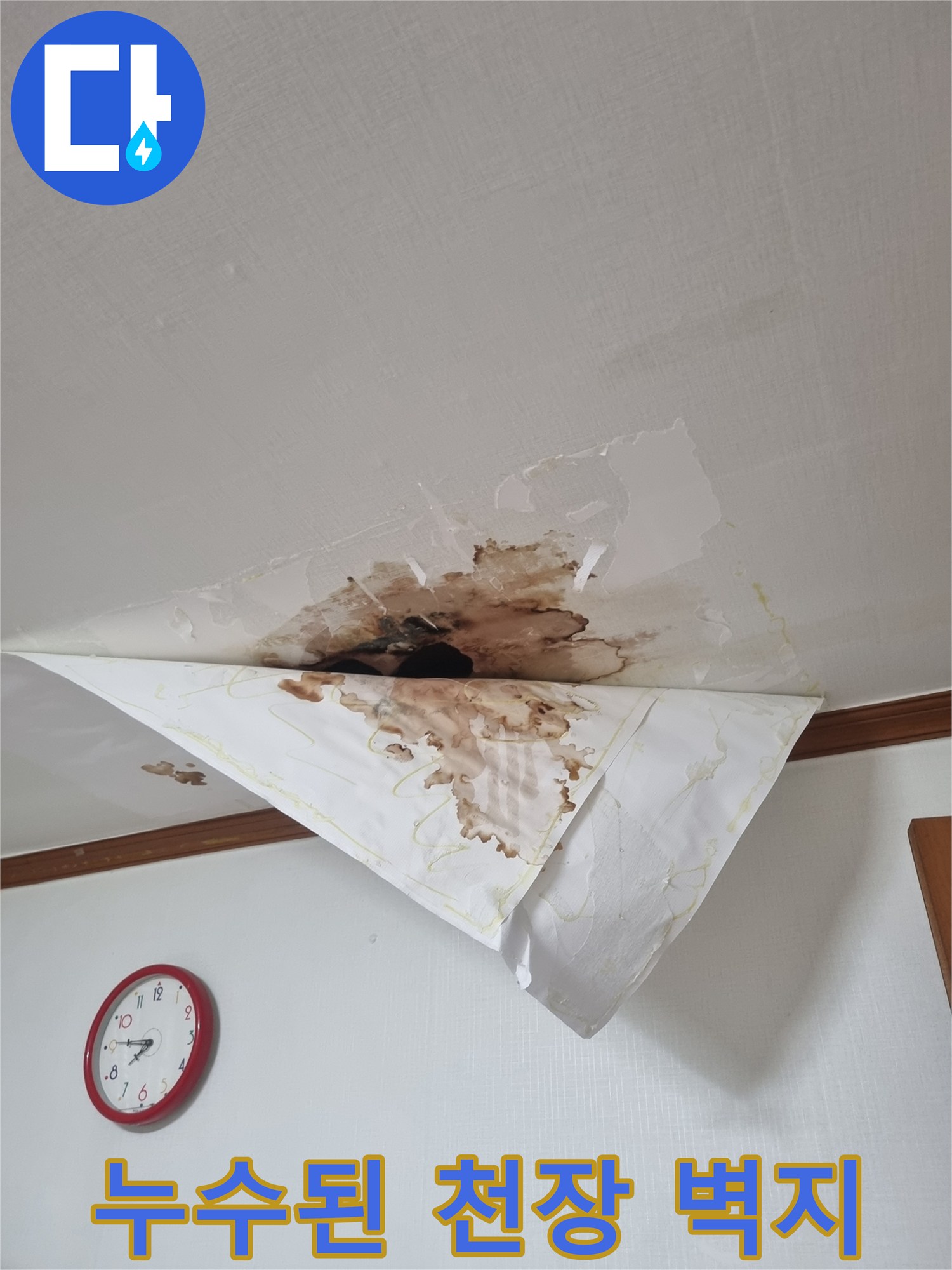 물에 젖어 변색되고 들뜬 천장 벽지 사진