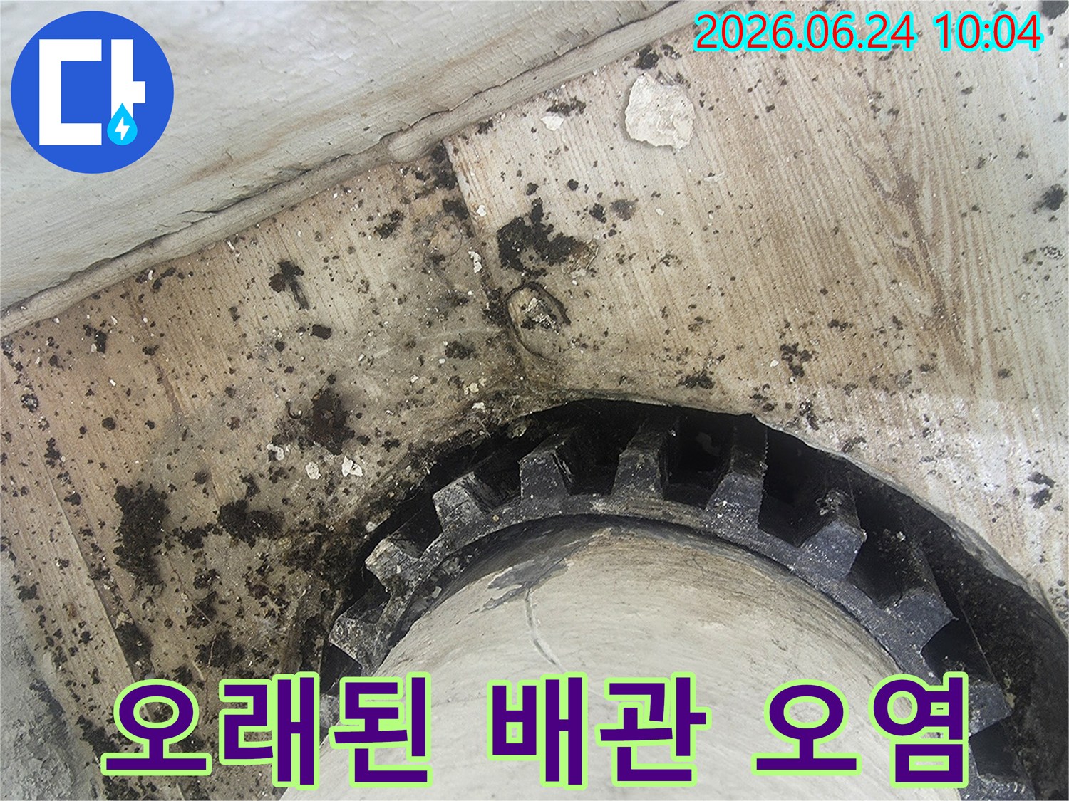 낡은 배관 주변에-물이 새어-검은 곰팡이와-물때가 심하게-생긴 모습을-보여주는 누수 현장
