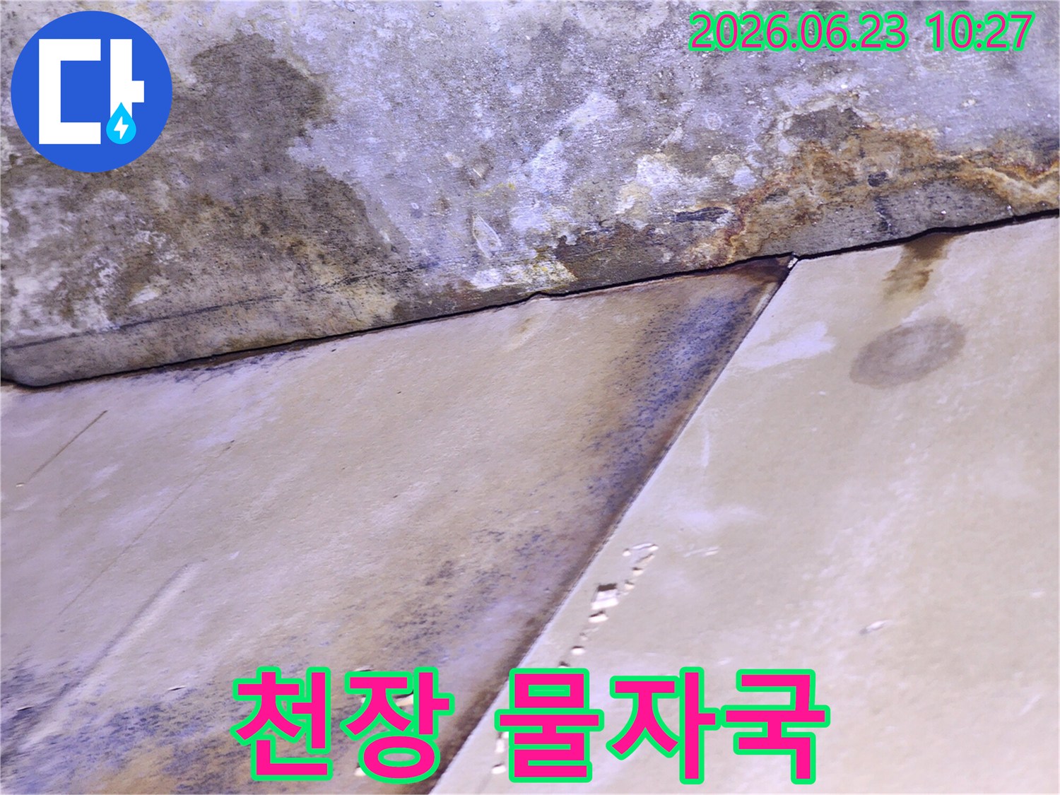 천장 표면에 물이 스며들어 얼룩지고 변색된-누수 초기 또는 진행 중인 모습