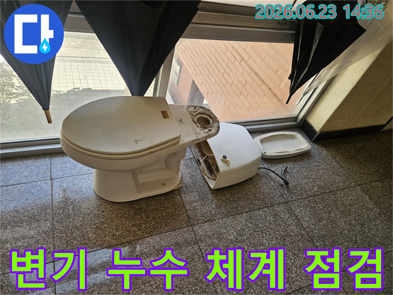 파손된-변기에서-발생한-누수를-전문가가-체계적으로-점검하여-원인을-파악하는-모습