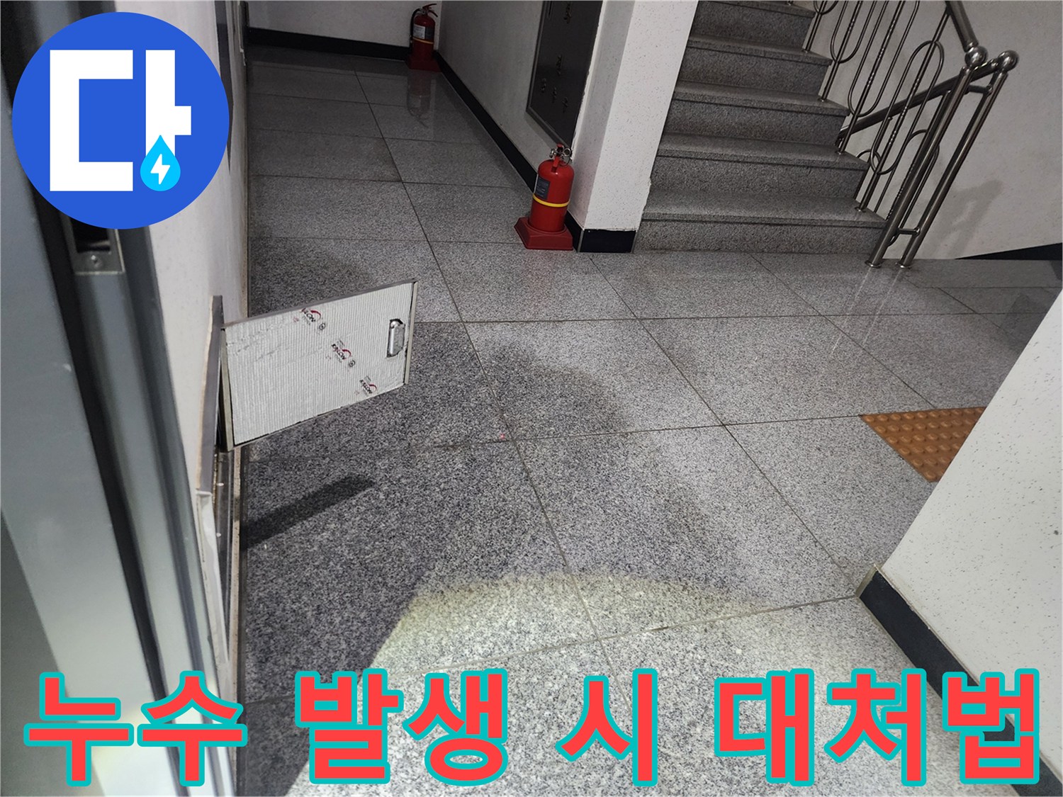 화곡로 스위트드림 아파트 복도에서-발견된 누수 현장에서-누수 발생 시 대처법을 설명하며-점검구를 개방하는 모습