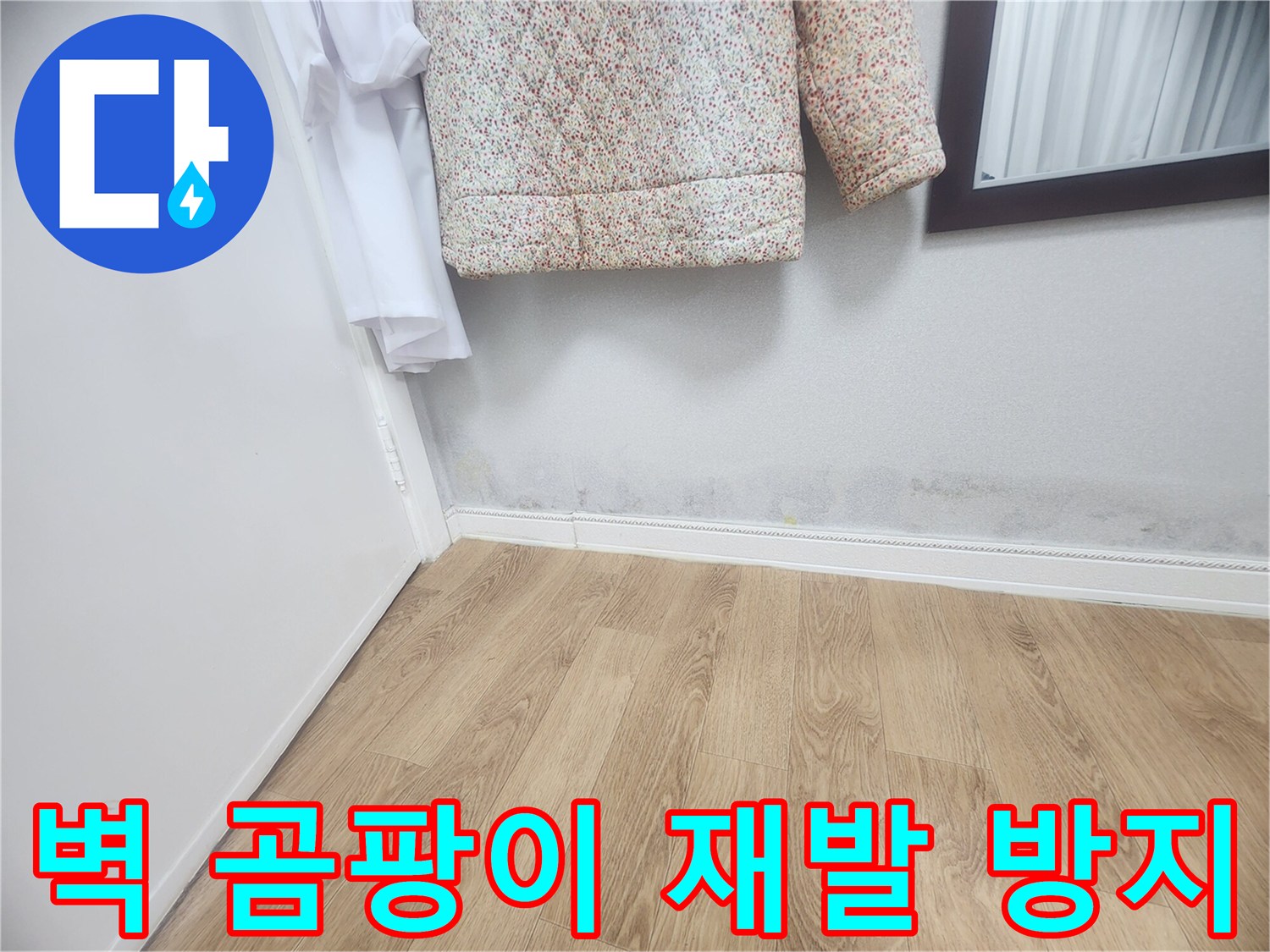 벽 하단에 발생한 곰팡이와-습기 자국은-누수로 인한 것임을 보여주며-재발 없는 완벽한 해결을 위해-전문적인 공사가 필요합니다.