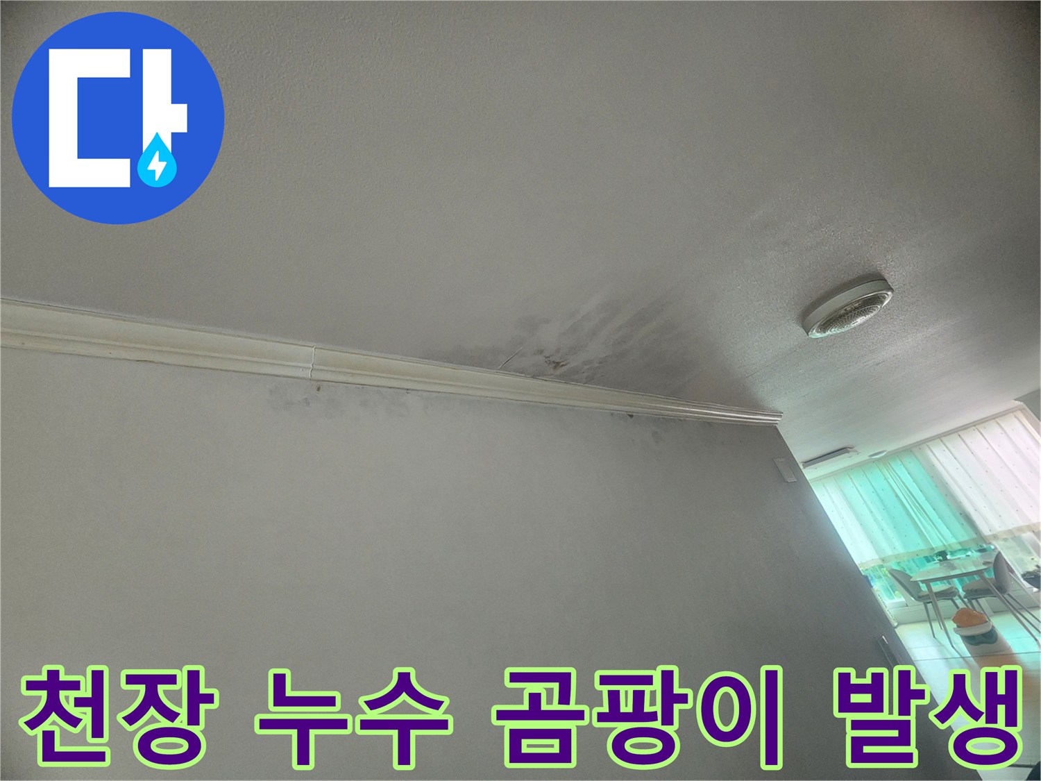 천장-모서리에-누수로-인한-곰팡이-발생이-확인되어-위생상-문제가-우려됩니다
