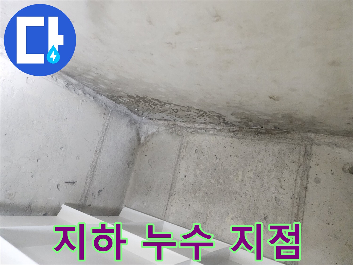 콘크리트 구조물에-누수로 인한-손상이-명확히 드러난-빌라 지하의-모습입니다.