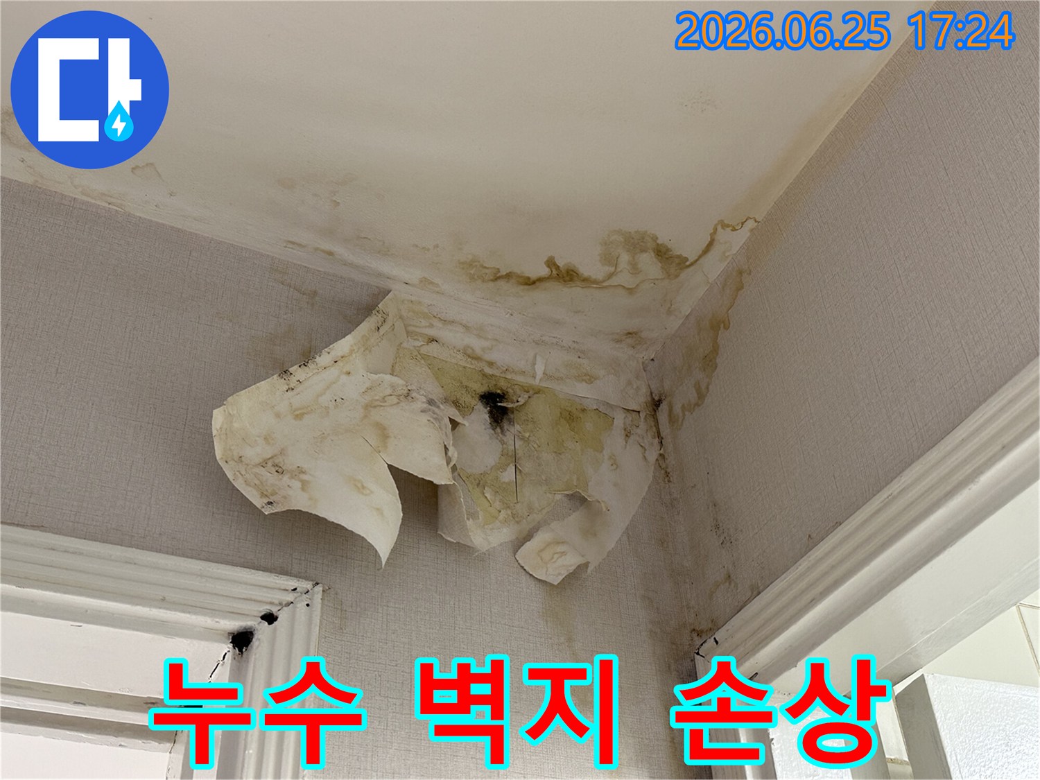 주거 공간의-천장과 벽면에서-확인된 물 얼룩과-벽지 손상으로-누수 문제의-심각성을 나타냅니다