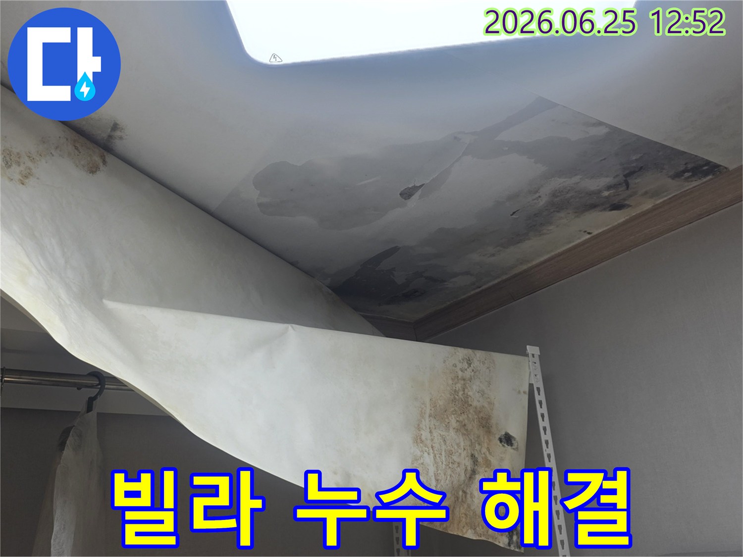 빌라 천장에서 물이 새서-벽지가 젖고-곰팡이가 발생한-현장을 해결 중입니다