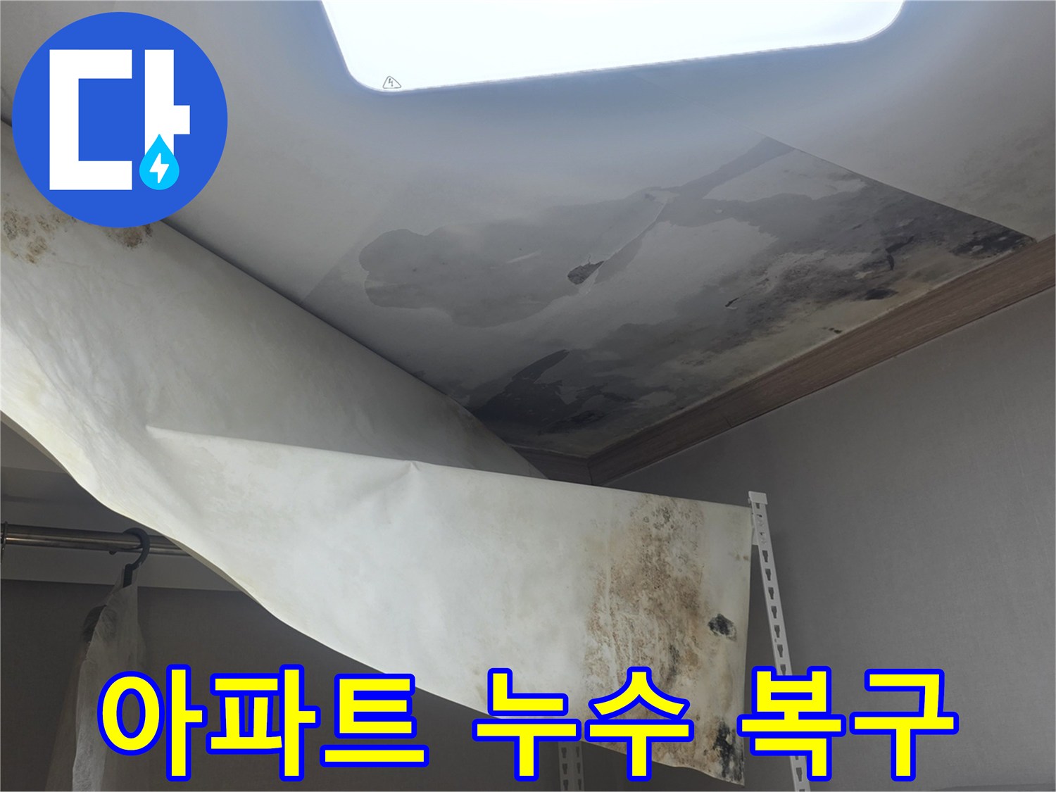 아파트 천장에서 물이 새서-벽지가 손상되고-곰팡이가 발생한-현장을 복구 중입니다