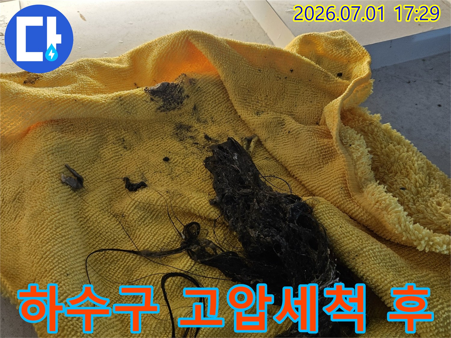 노란색 수건 위에 놓인-고압세척으로 배관에서 제거된-머리카락과 슬러지 덩어리입니다-이는 배관 막힘의 주된 원인입니다