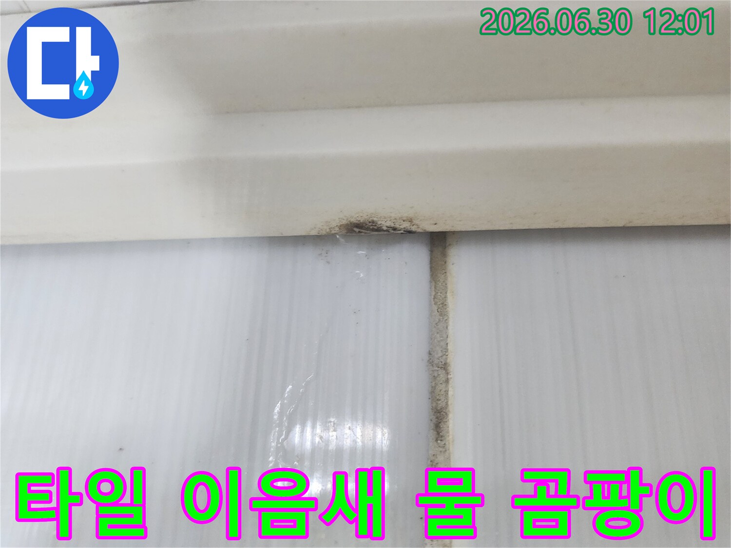상가건물 타일 이음새에 물이 고이고 곰팡이가 시작되는-누수 현장의 모습입니다