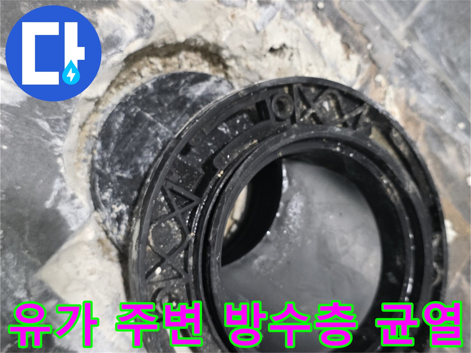 배관 주위의 갈라진 방수재와 타일 틈새 현장 사진
