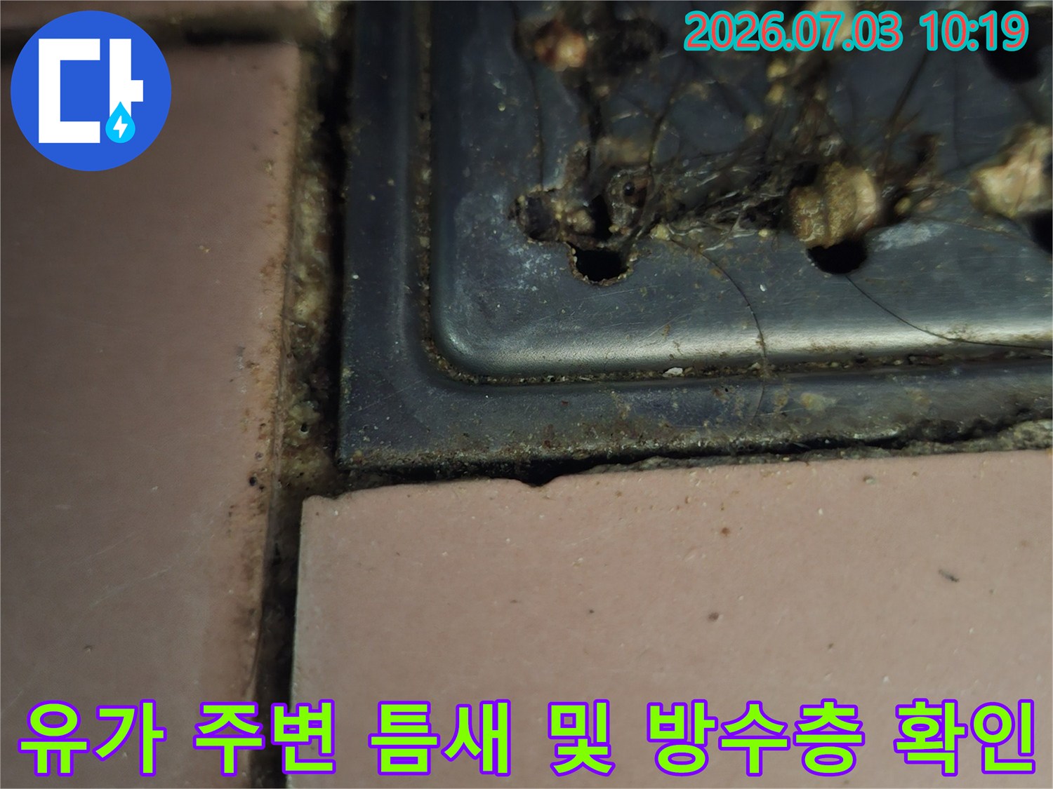 배수구 주변의 타일 마감과 줄눈 상태를 촬영한 현장 사진