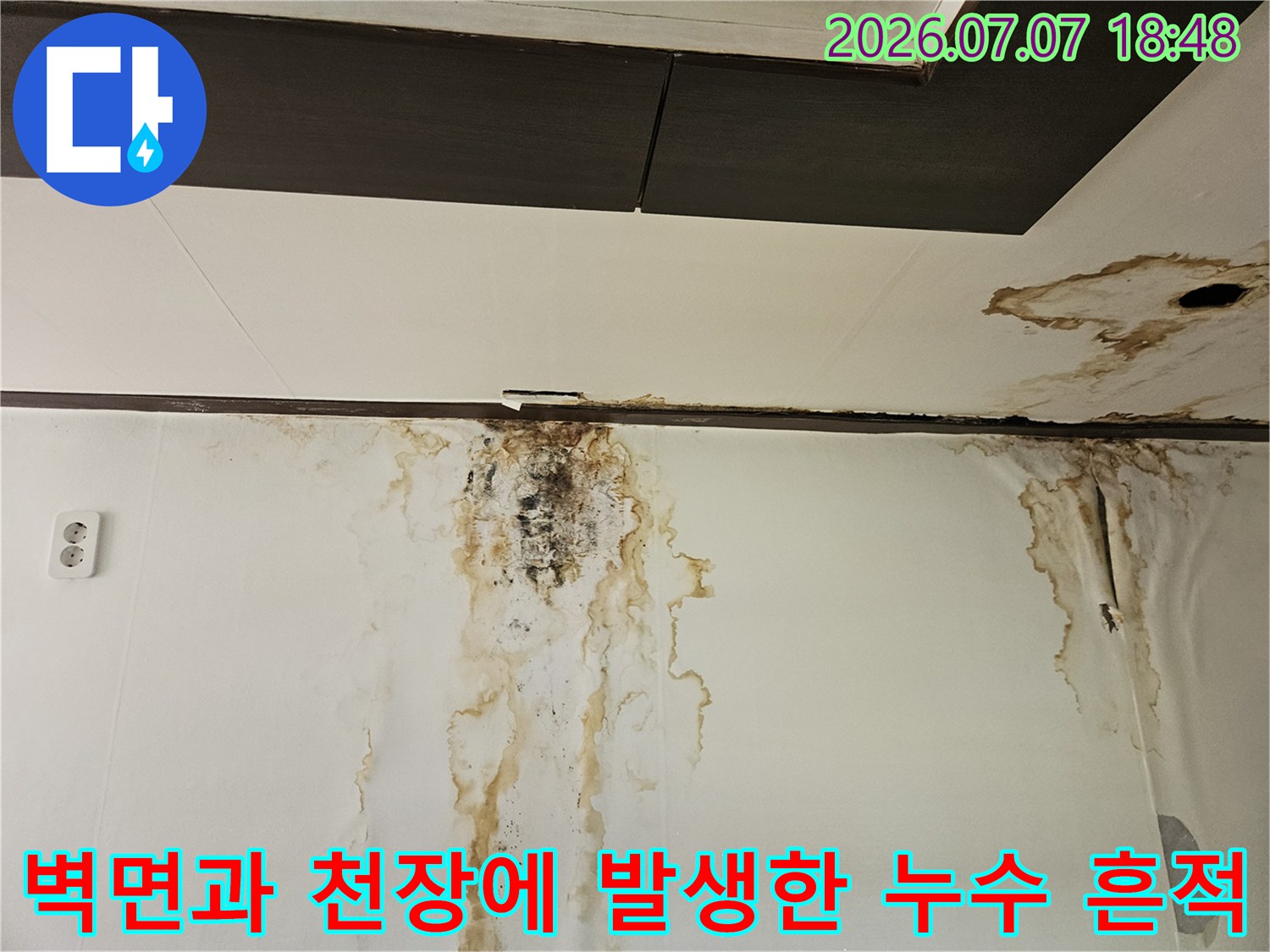 벽체와 천장 경계면에 형성된 곰팡이와 습기 자국