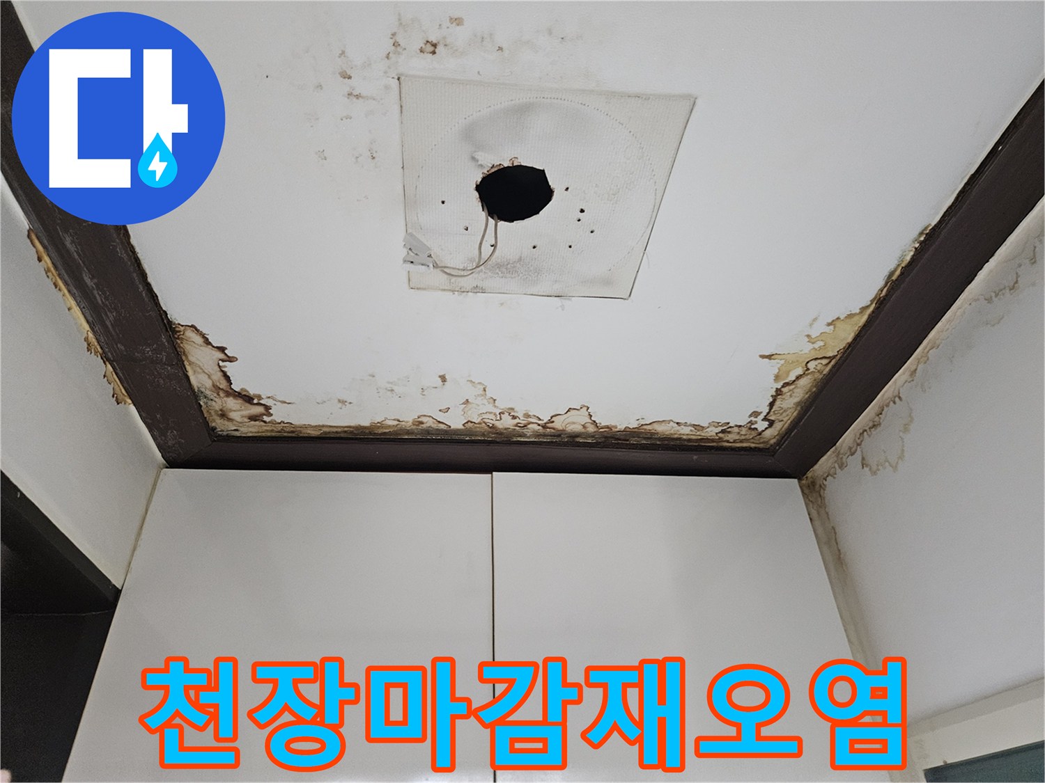 심하게-오염된-천장-마감재와-몰딩-부위