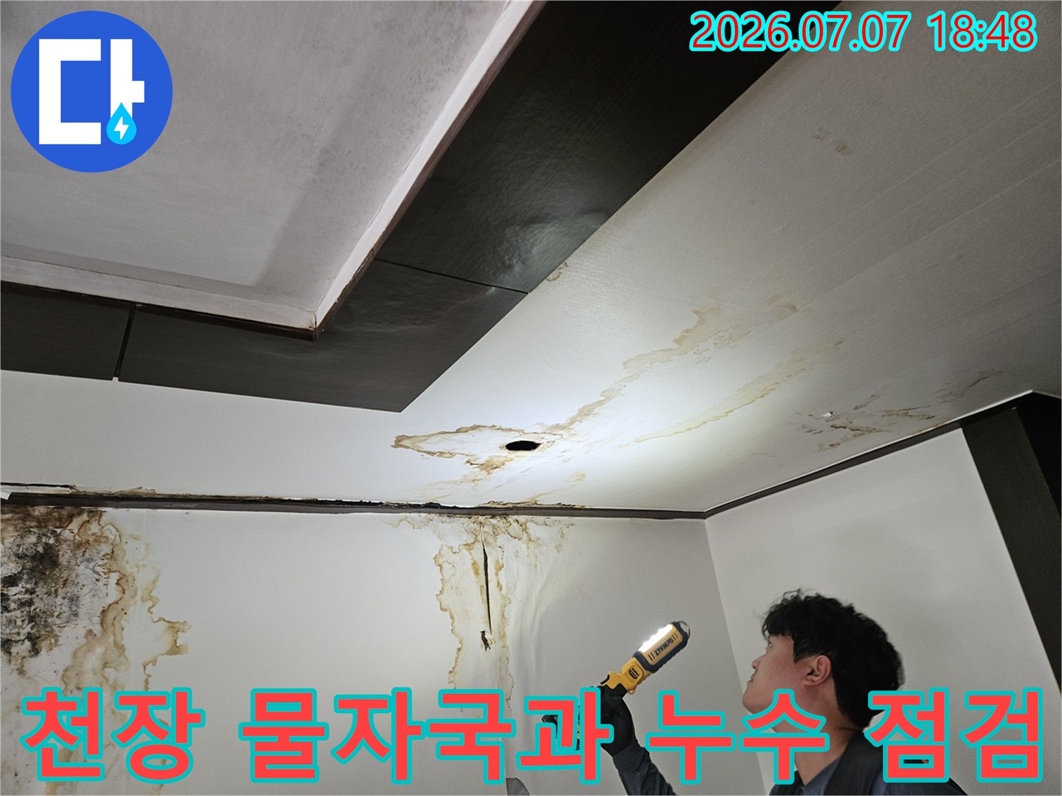 천장 마감재에 발생한 물자국과 누수 지점을 확인하는 현장 사진